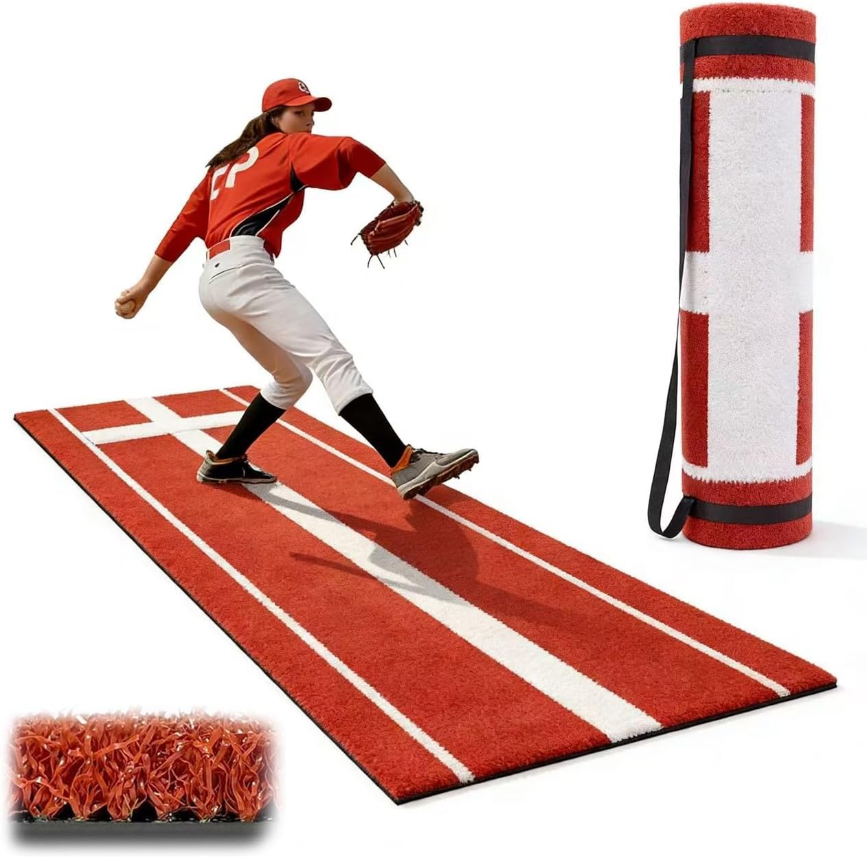 Baseball Hitting Mat, 3'x10' Extra Large, High Resilience 5mm, Synthetic Turf, Red, Portable with Strap, Indoor Outdoor Training