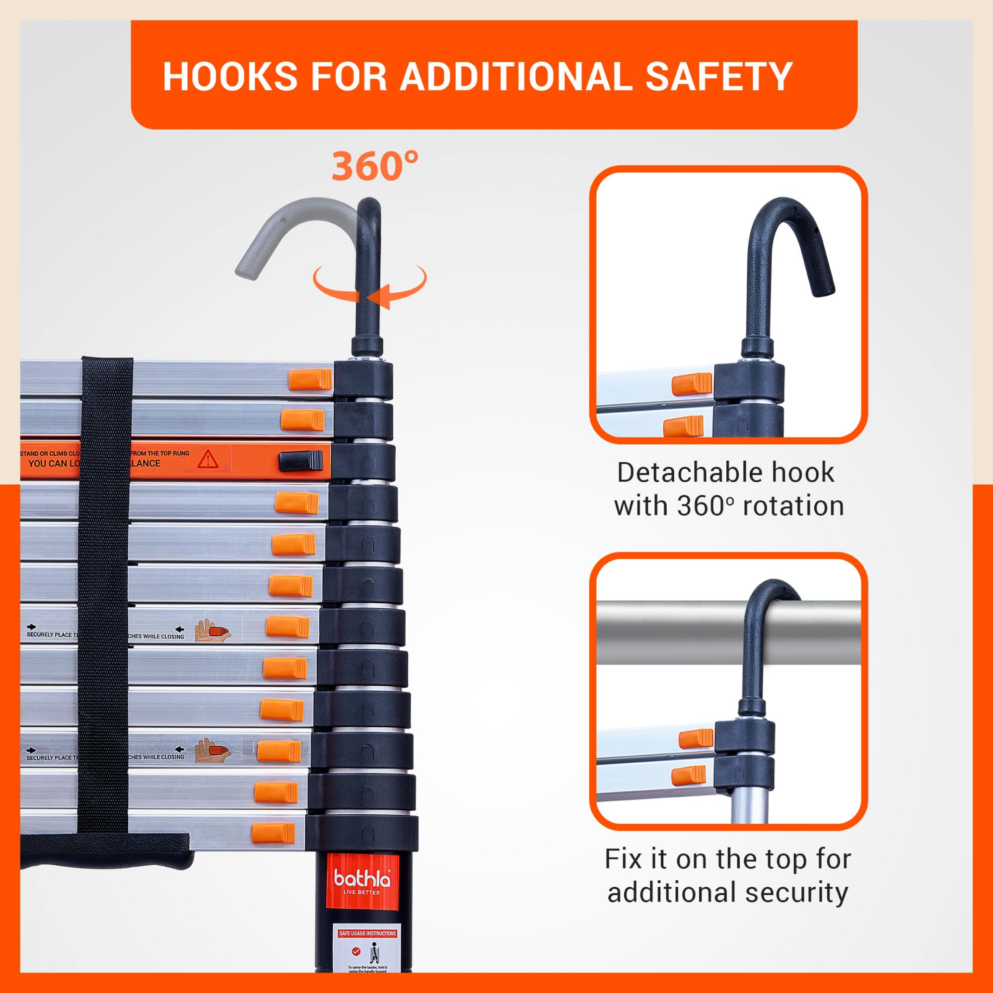 Bathla 23.6 ft Aluminium Telescopic Ladder with Safety Hooks & Triangle Stabilizers | EN131 Certified | 2-Year Manufacturer Warranty | Portable & Compact |150kg Load Capacity | Made in India (7.2 mtr) — Amazon image 5