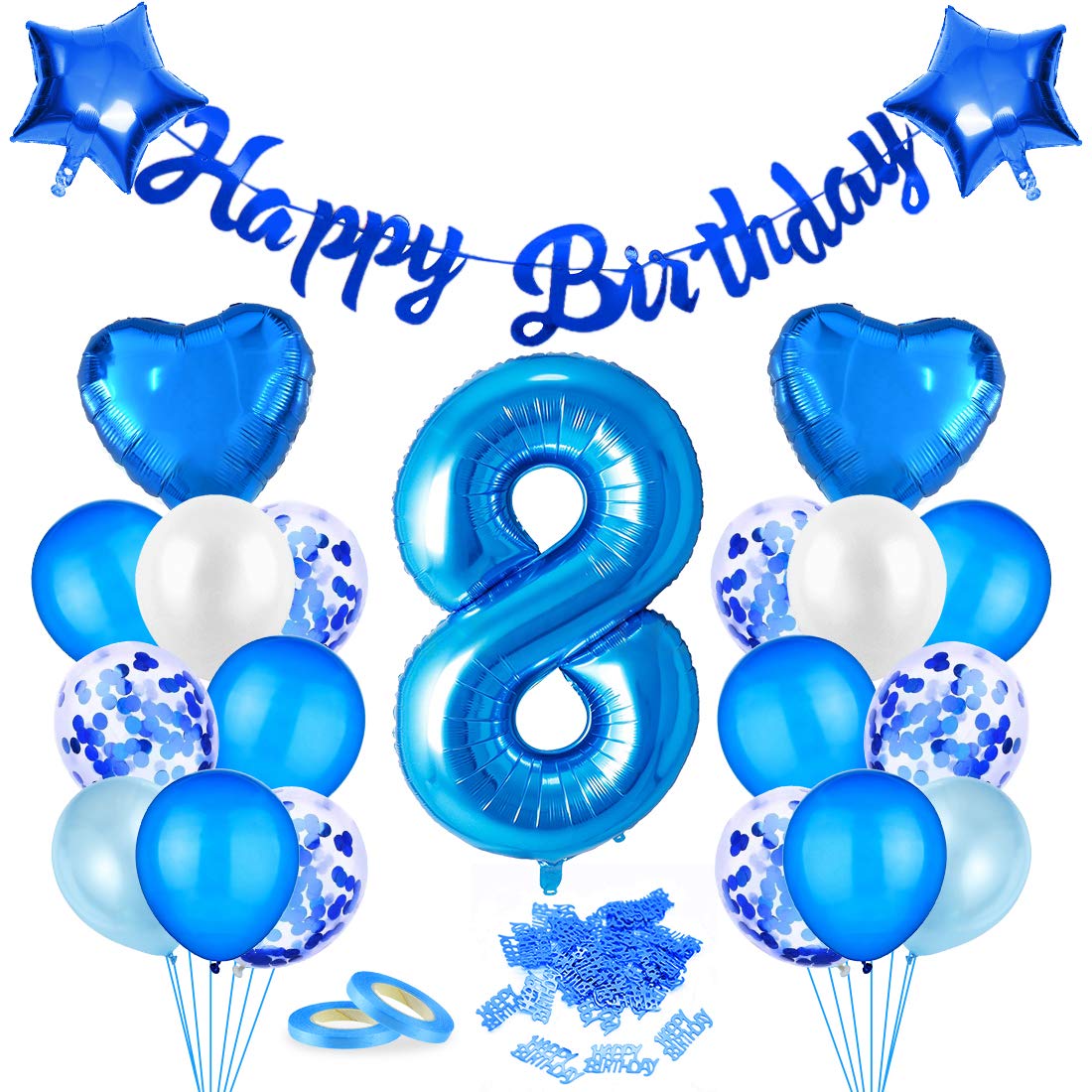 8. Geburtstag Dekoration Set – Blaue & Goldene Folienballons, Banner, Latexballons, Für Jungen, Inkl. Band