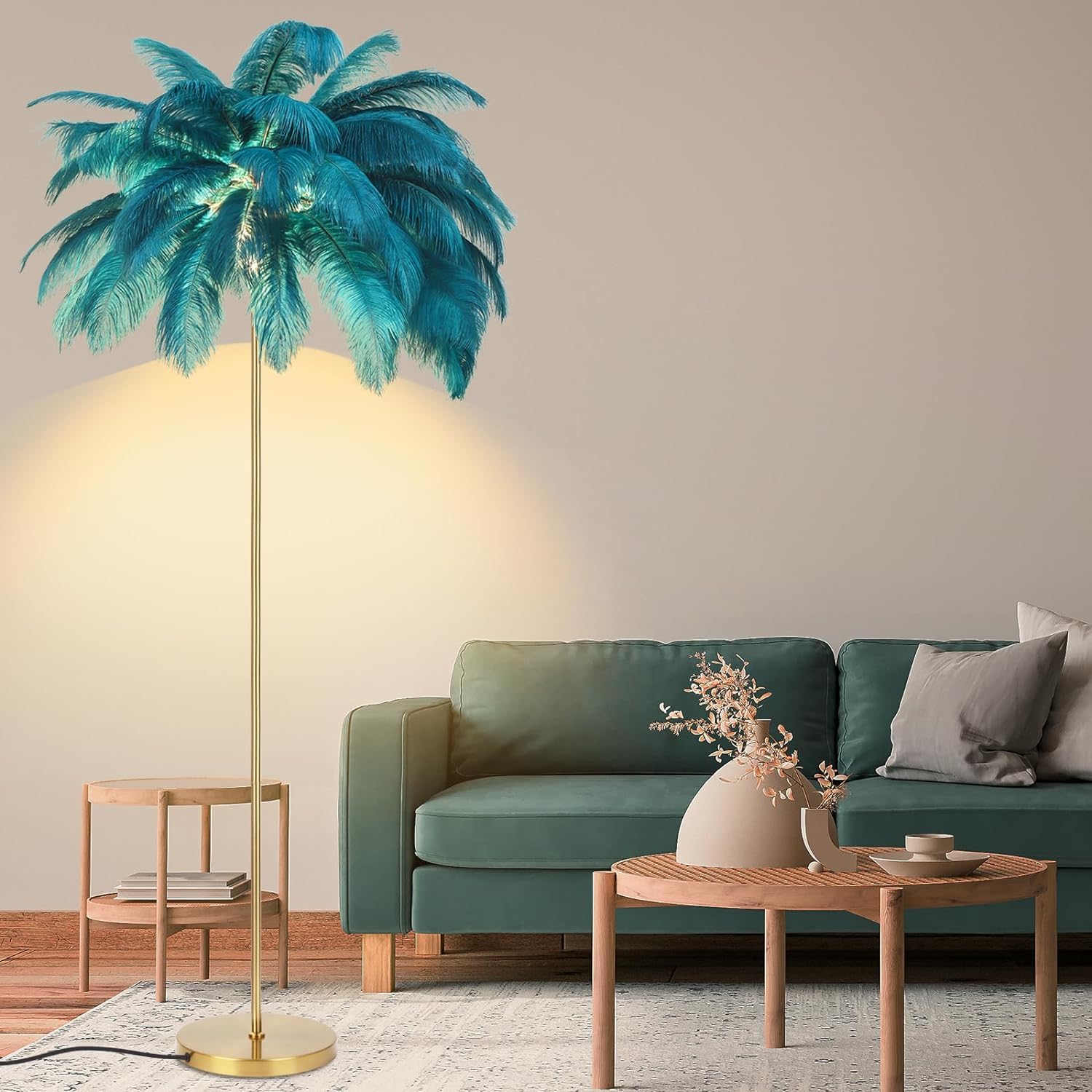 RR-INTL Feather Lamp, Natural Ostrich Feather Floor Lamp for Living Room, 63in Height, 3 Color Temperatures Bright LED Bulbs, Modern Funky Tall Lamp Standing Light for Bedroom (Blue)