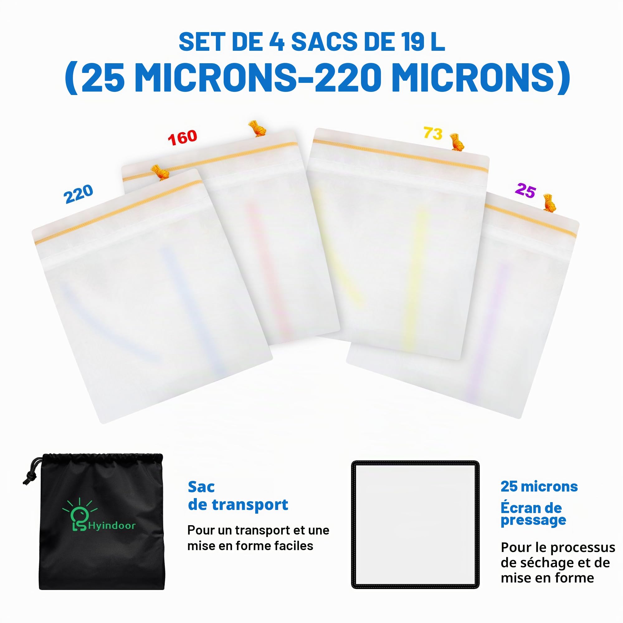 Hyindoor Bubble Bags All Mesh 5 Gallons 4 Bags Set Bubble Hash Bag Ice-O-Lator Kit d'extraction d'essence de glace herbacée avec tamis de presse et sac de transport pour l'extraction des herbes et la