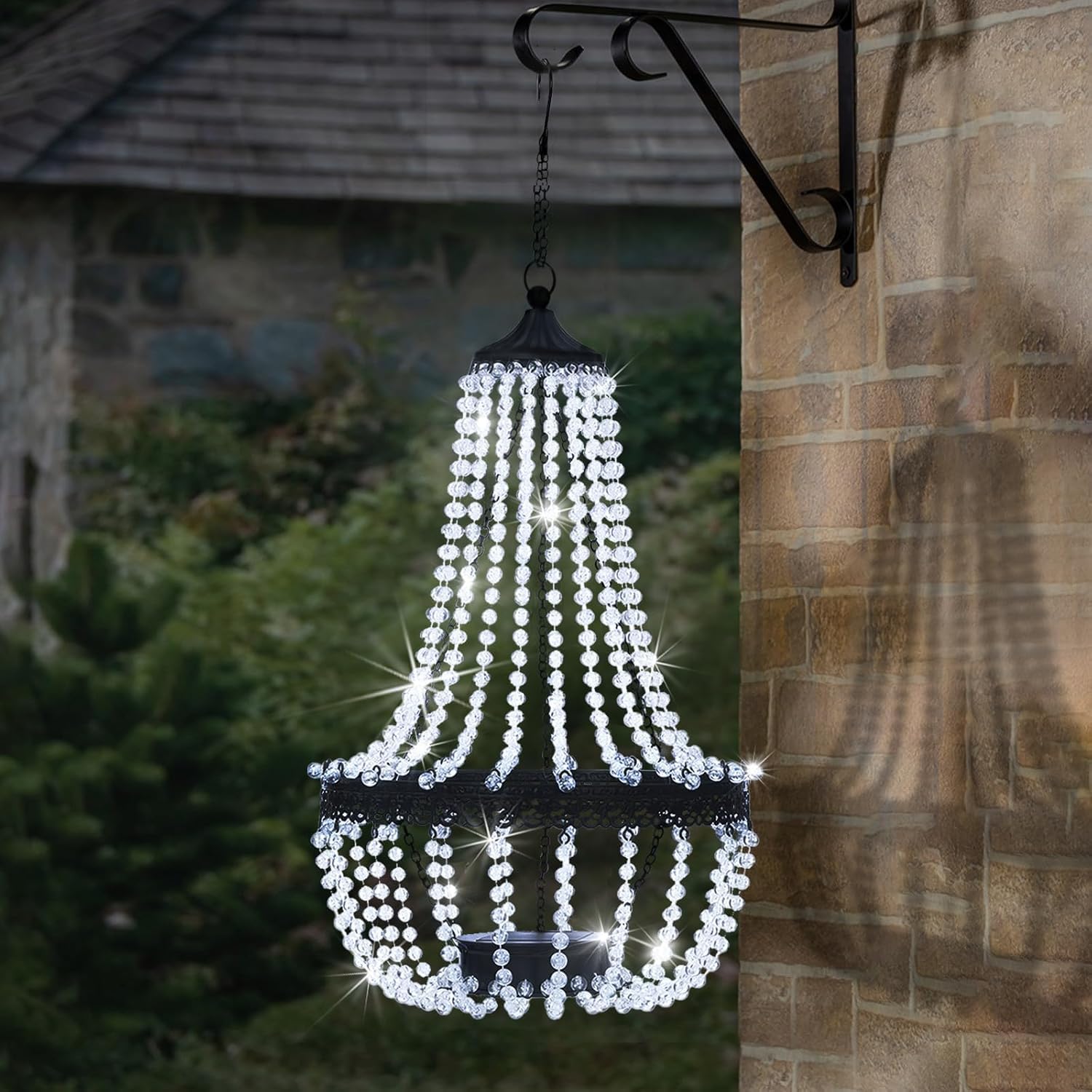 LIVHOME 28" Solar Crystal Chandelier Light Outdoor Hanging Lantern LED Garden Pendant Waterproof Patio Gazebo Tree Decor Cool & Warm White Lights (Cool White)