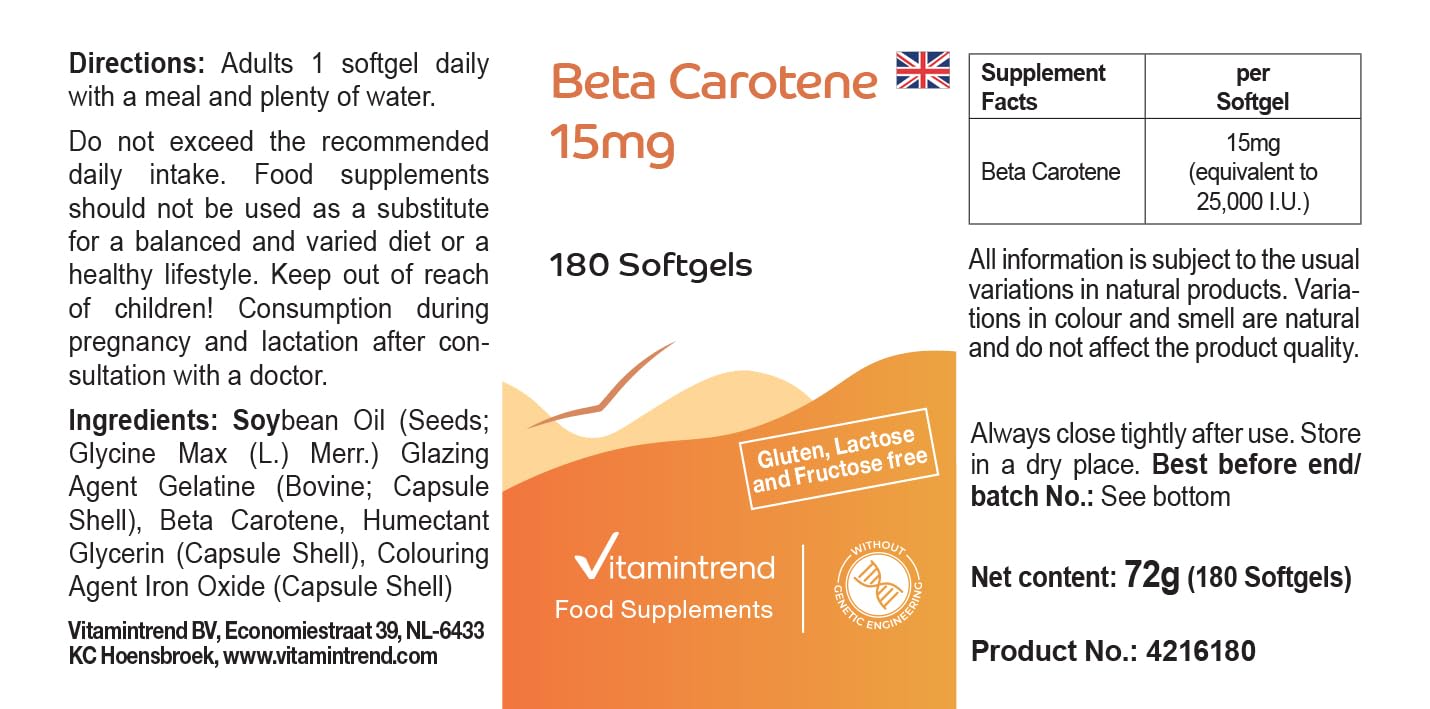 Vitamintrend Beta-karoten 15mg, 180 kapsułek po 15mg (odpowiada 25 000 j.m.), wysoka dawka, bez stearynianu magnezu, wyprodukowane w Niemczech.