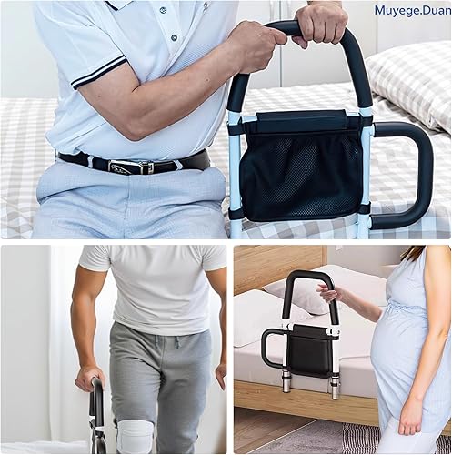Miniatura 6 de Riel de cama para adultos mayores asa ajustable de asistencia de cama con agarre de espuma antideslizante, bolsillo de almacenamiento y correa de