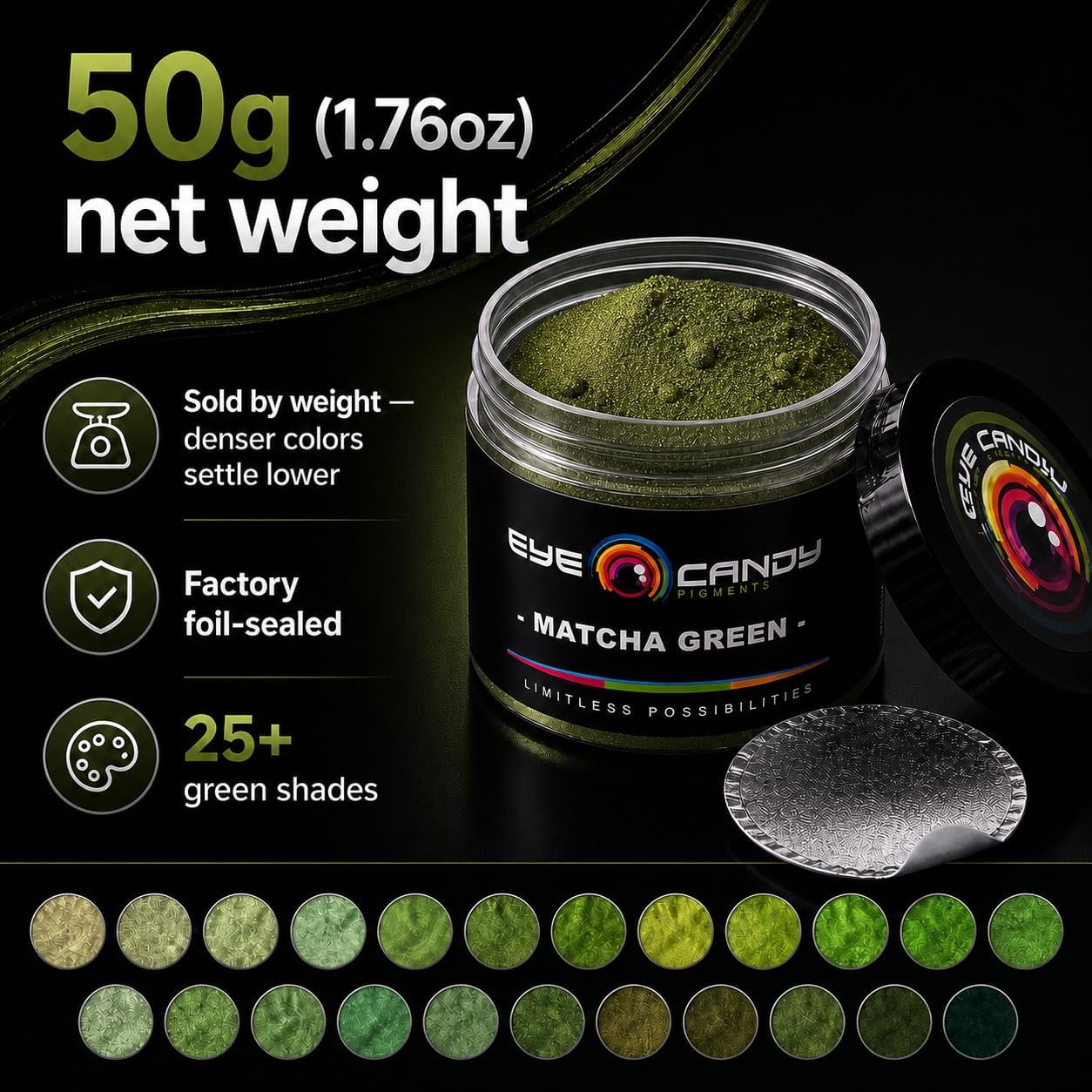 Eye Candy Pigments Premium Green Mica Powder - Matcha Green (25gr) - for Epoxy, Resin, Soap, Paint, Woodworking, Acrylic Pouring, Bath Bombs, Fishing Lures - DIY Arts and Crafts Additive