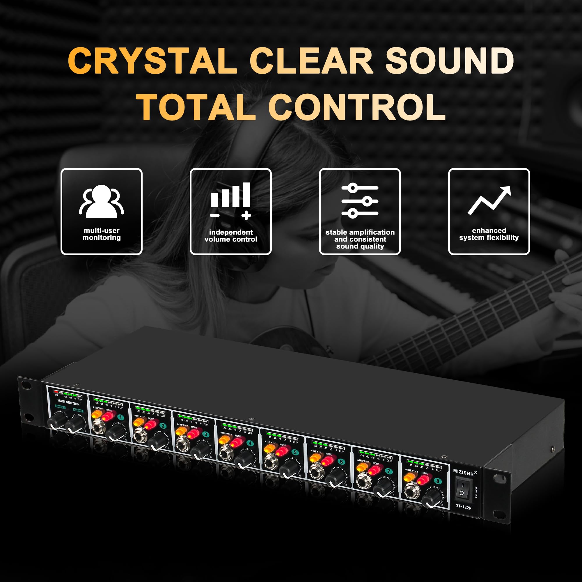 Amplificateur de casque 8 canaux pour casque avec modes stéréo/mono, 16 sorties casque, compteurs LED pour studio et surveillance du son en direct