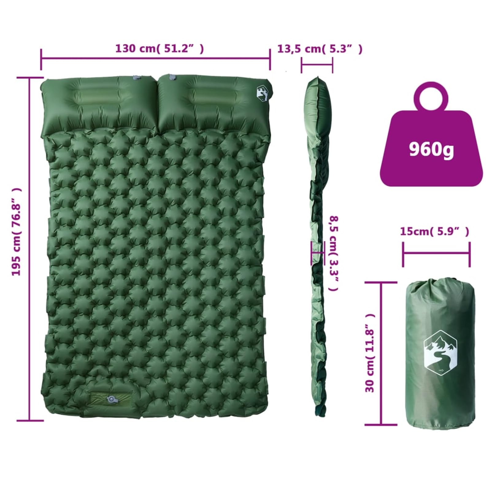 Selbstaufblasende Isomatte Doppel, 40D-Nylon mit TPU-Beschichtung, Grün, 195x130x8,5 cm, für Camping und Outdoor 4007102