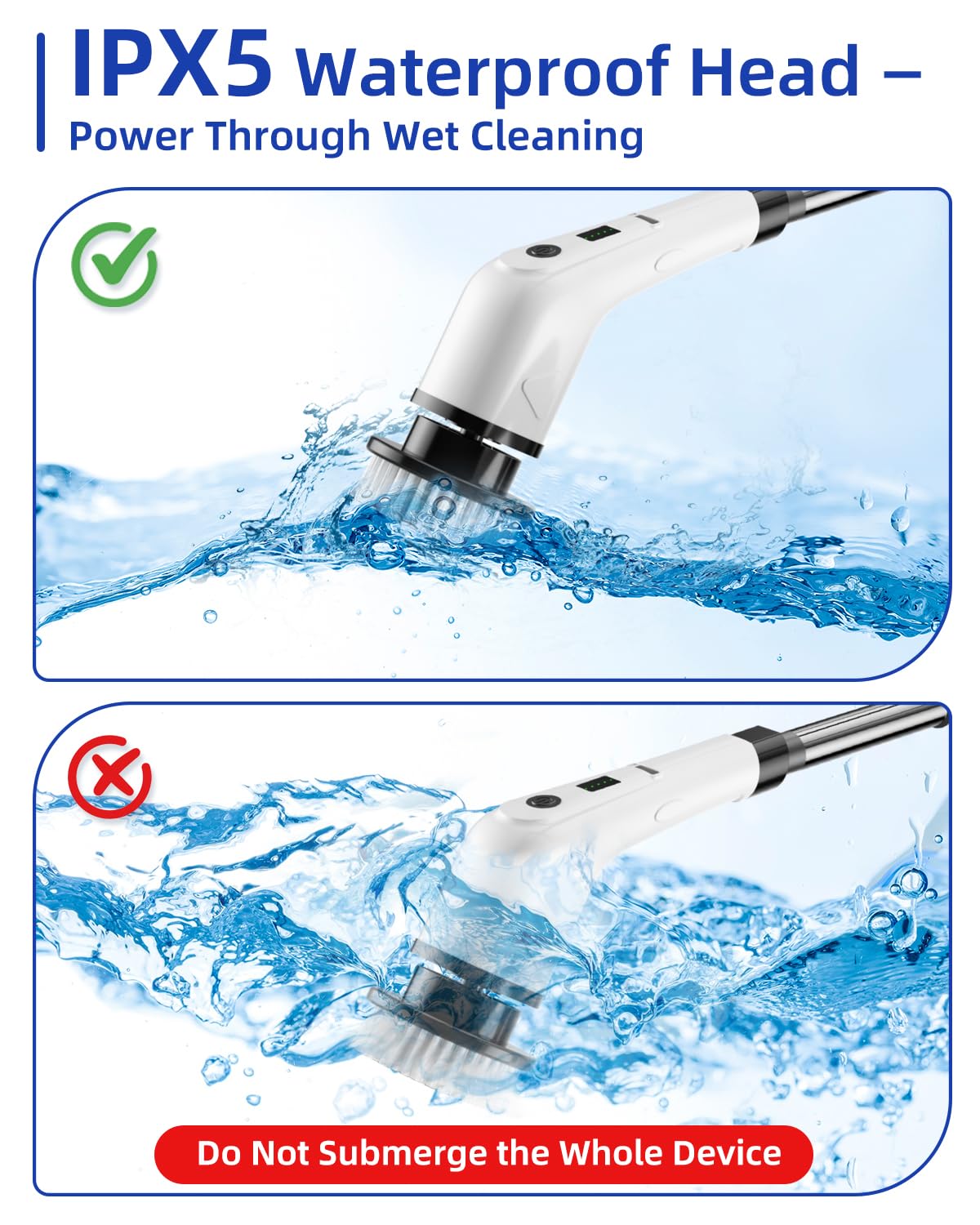 Brosse à récurer électrique avec 6 têtes de brosse de rechange, sans fil, double vitesse, 360/300 tr/min avec batterie de 2500 mAh pour nettoyage de salle de bain, baignoire, carrelage et sol