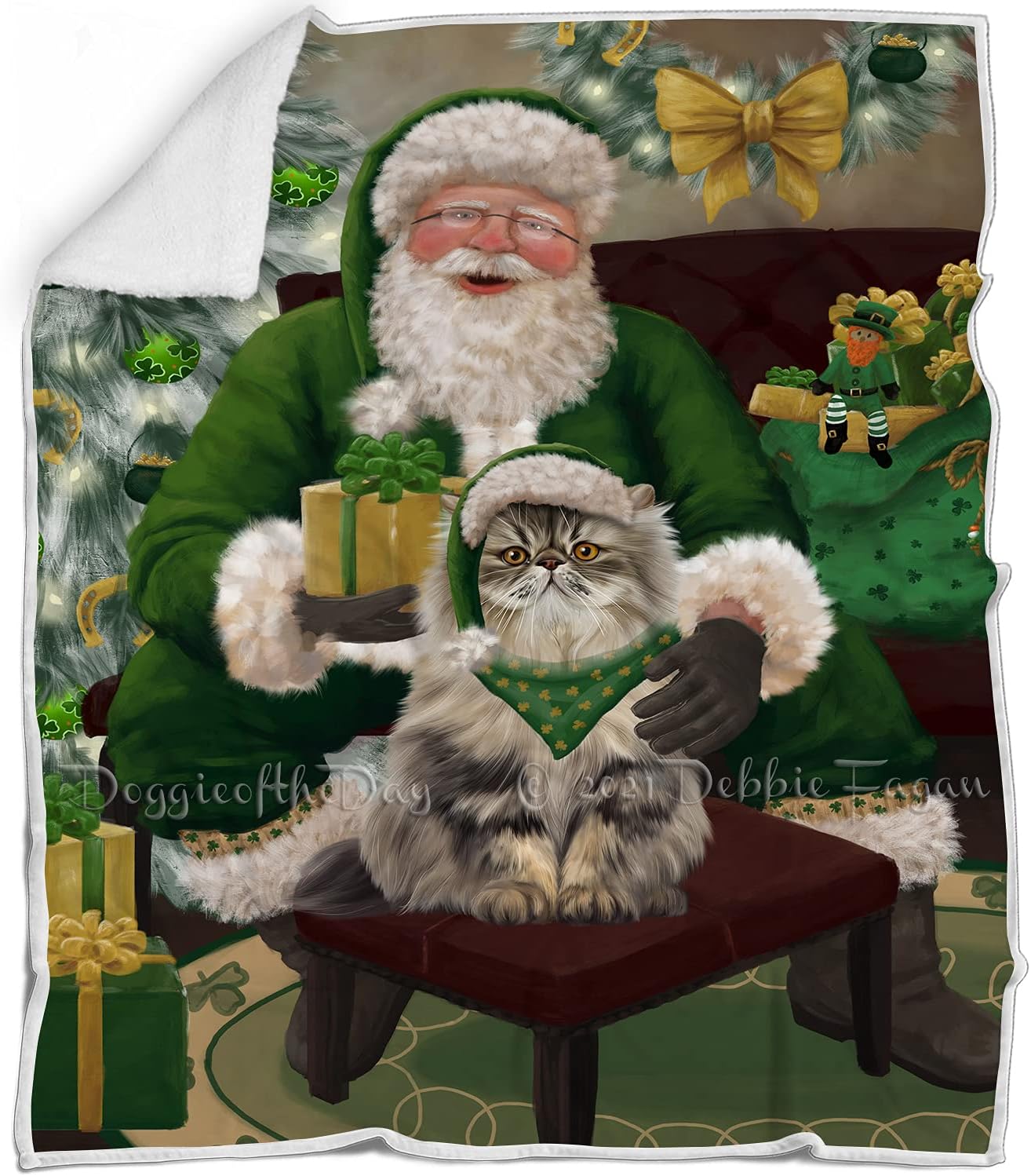 Doggie of the Day Persian Cat Blanket - Christmas Irish Santa with Gift - Super Soft & Warm Pet Theme for Sofa or Bed, Warm Fleece, Sherpa or Woven Material BLNKT141448 (60x80 Fleece)
