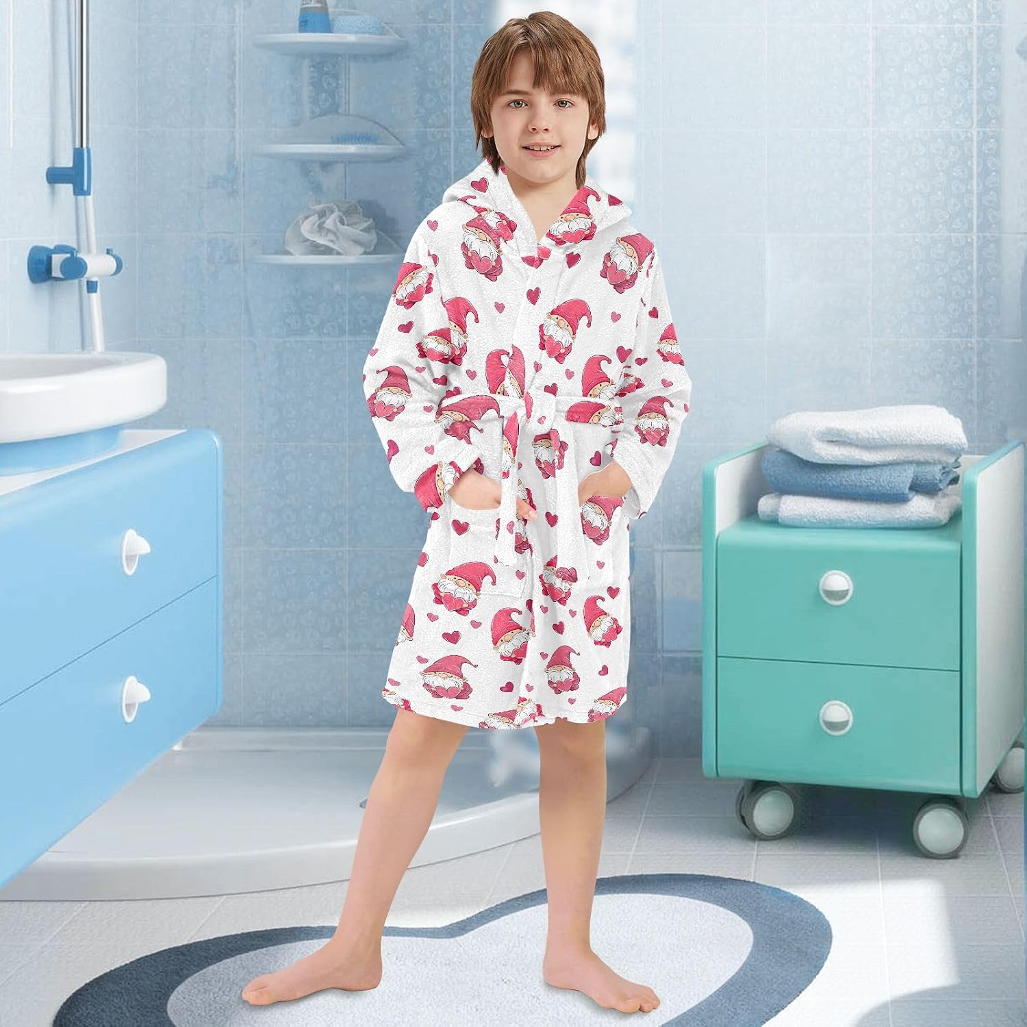 Gnomes Pink Heart Toddler Hooded Bathrobe for Boys Girls Soft Plush Bath Towel Robe 2-12 Years