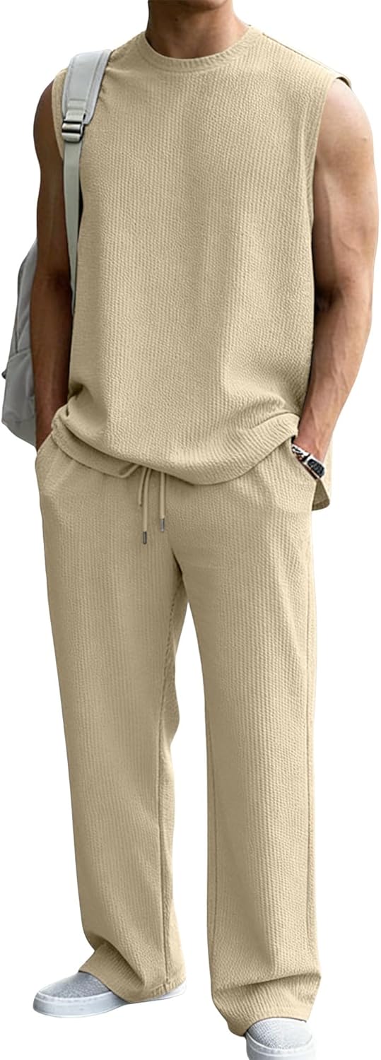 JMIERR 2026 Men 2 Piece Set Casual Tank Loose Fit Pants Elastic Textured Rib Beach Lounge Sleeveless Shirts