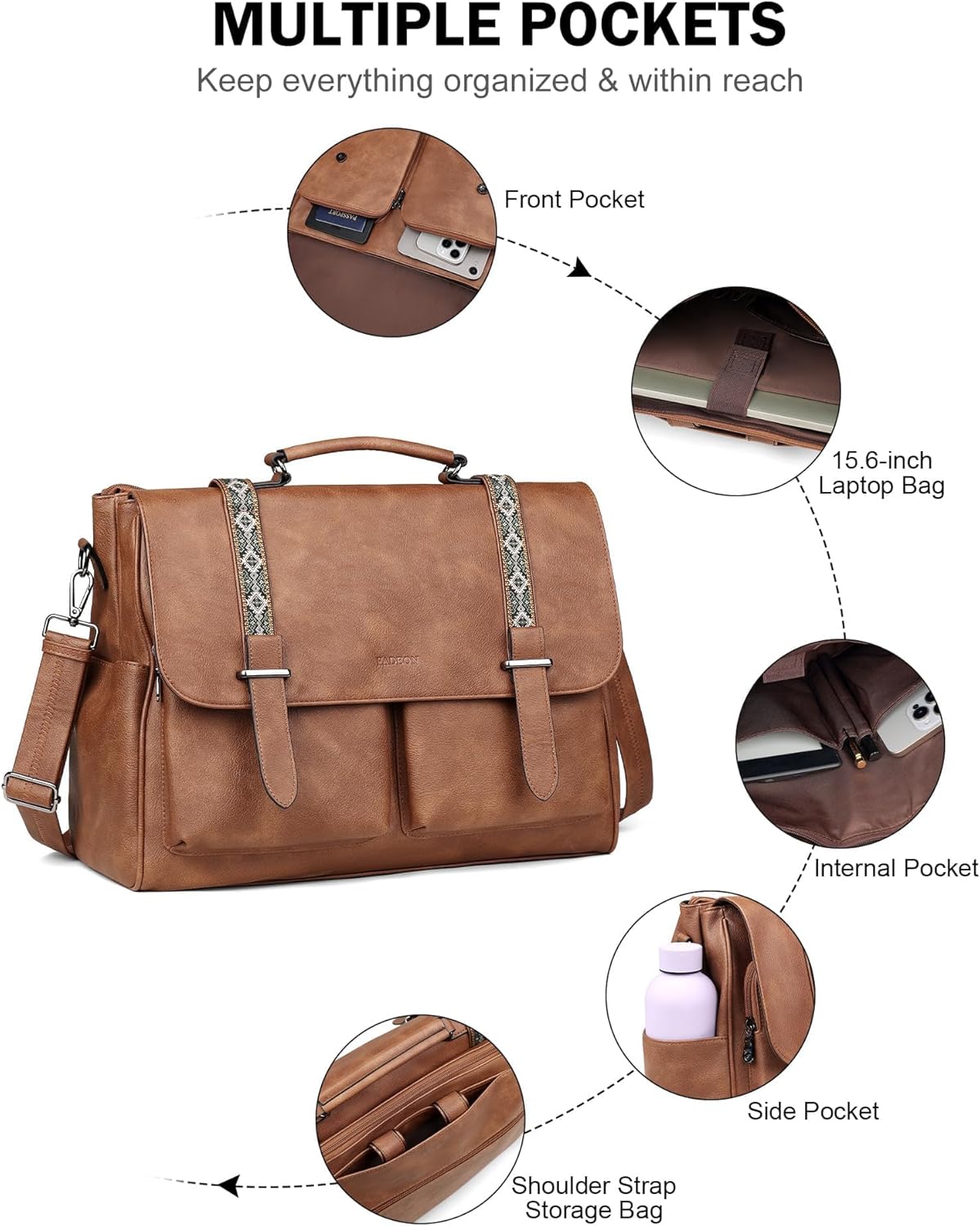 FADEON Messenger Bag for Women, Designer Leather Satchel Backpack Purses Large Laptop Briefcase Multi Pocket Shoulder Bags - Image 7