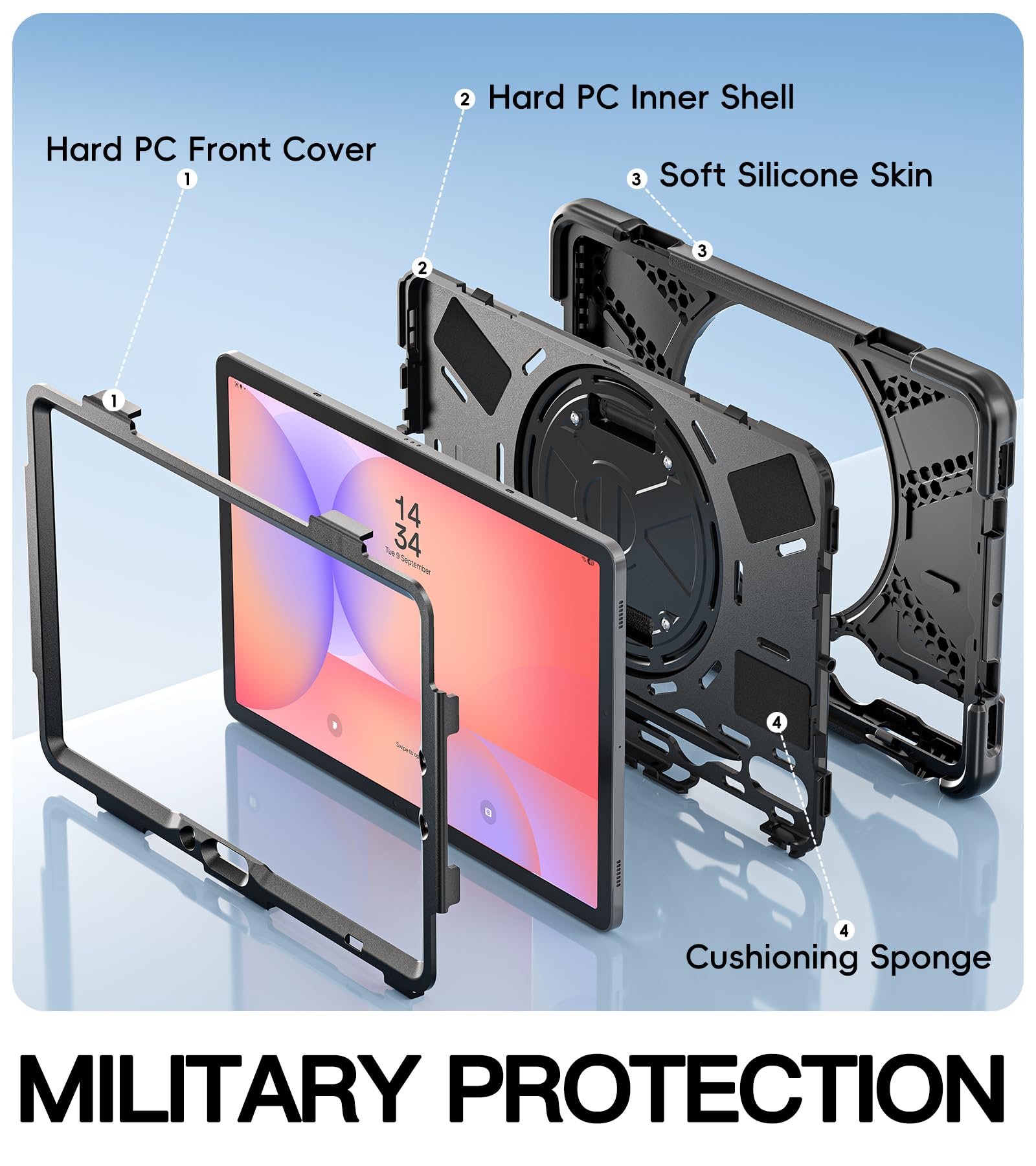 BRAECN Custodia per Galaxy Tab S9/S8/S7 da 11 pollici 2023/2022/2020, custodia protettiva in silicone resistente agli urti con cavalletto, tracolla, porta penna S per Galaxy Tab S8 SM-X710/X716-nero