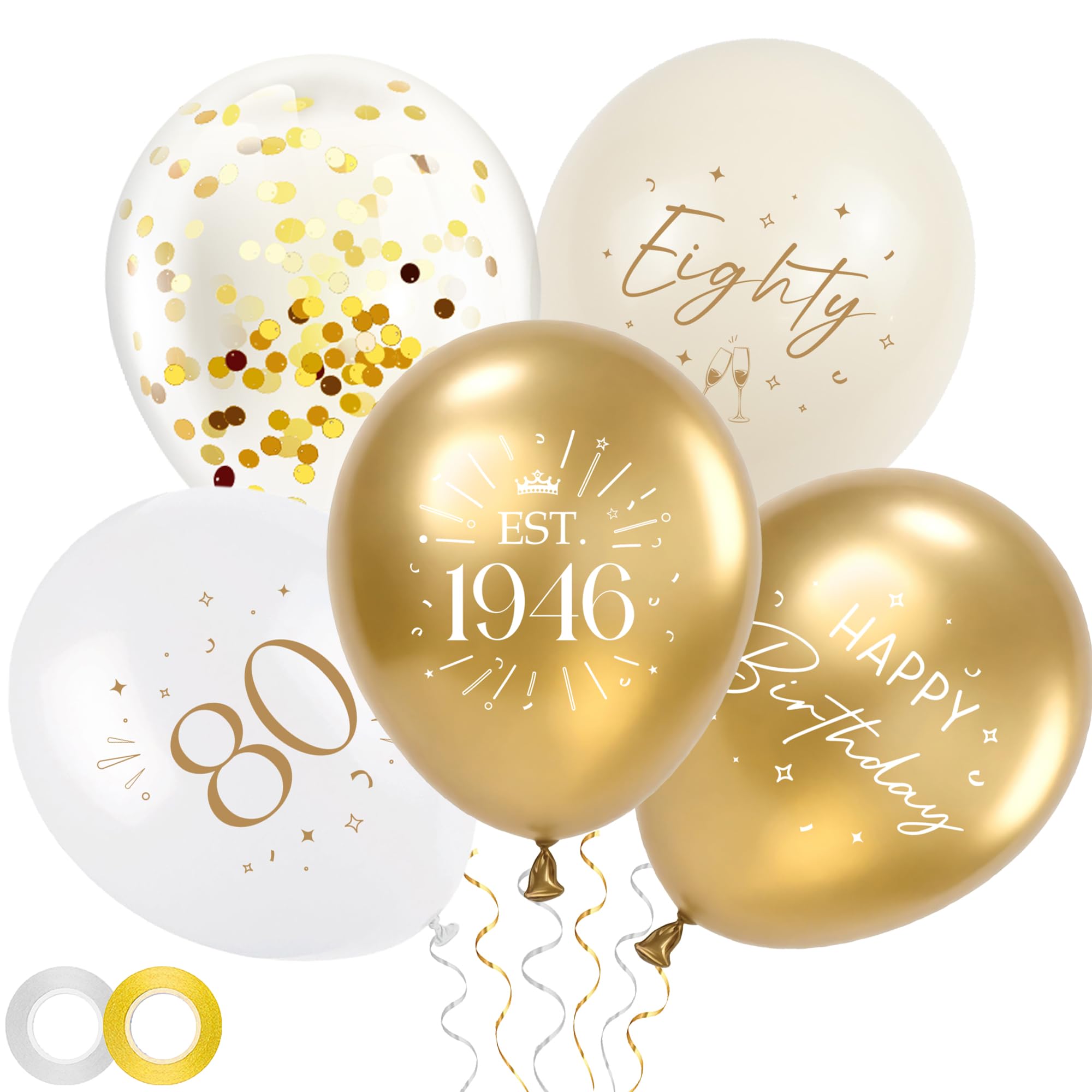 80th Birthday Decorations Party Balloons - 30pcs White Gold 80 Balloons for Women, Eighty Latex Balloon with Ribbon for 80 Year Old Party