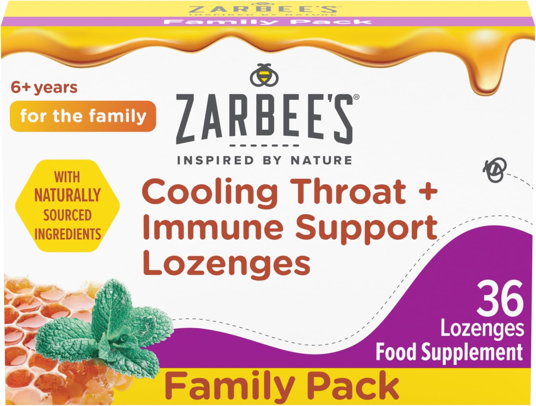 Zarbeeโs Cooling Throat and Immune Support Lozenges (36 Count), with Real Honey and Peppermint Oil Extract, Vitamin C, Zinc and No Artificial Colours of Flavours