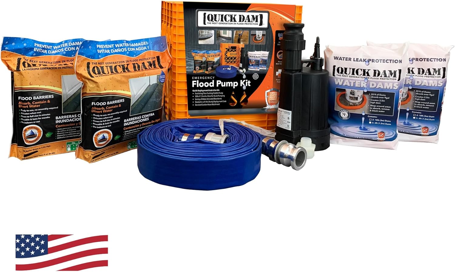 Quick Dam Emergency Flood Pump Kit, With Pump, Hose and Flood Barriers To Help Contain, Control and Divert Flood Water, 7 Piece (QDPK3)