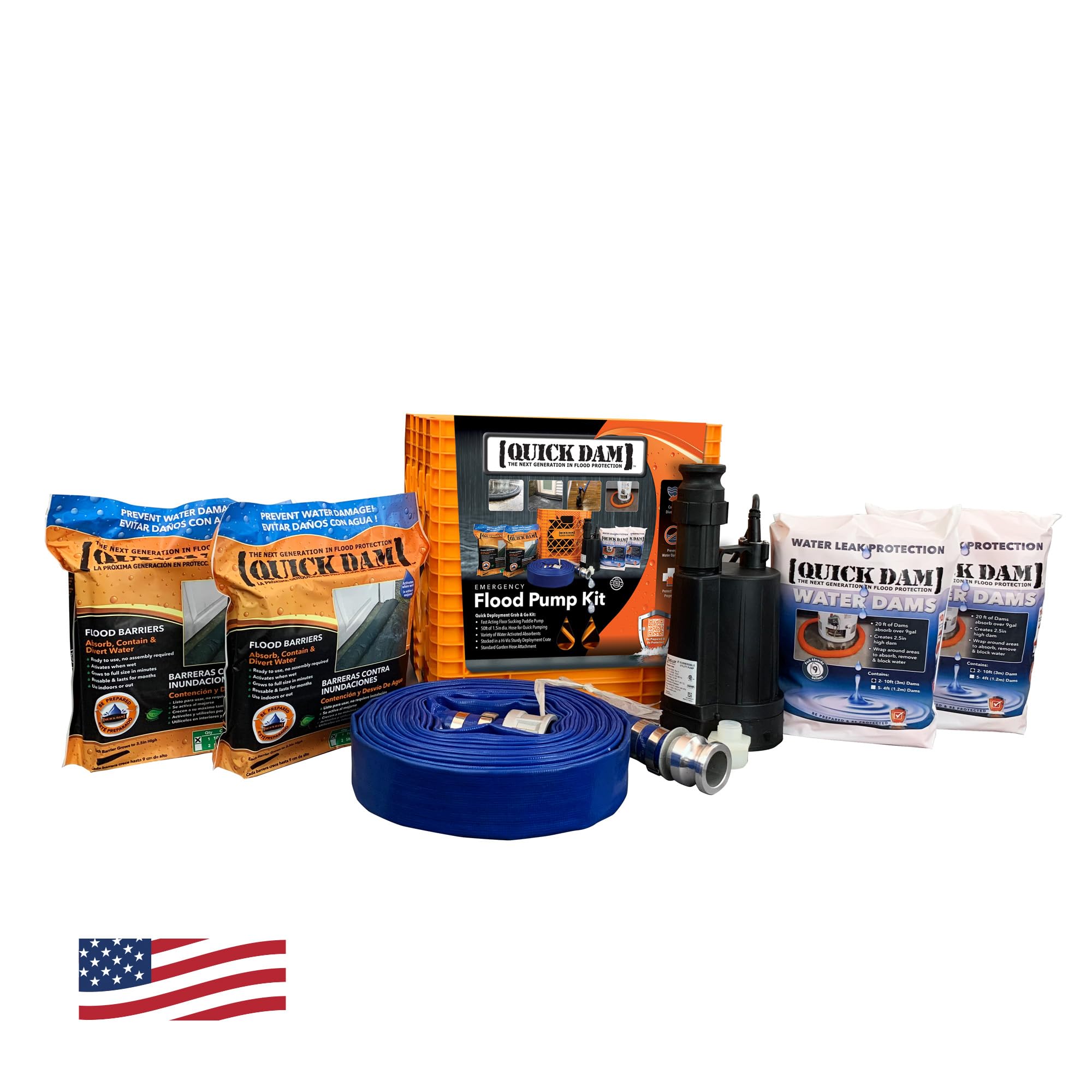 Quick Dam Emergency Flood Pump Kit, With Pump, Hose and Flood Barriers To Help Contain, Control and Divert Flood Water, 7 Piece (QDPK3)