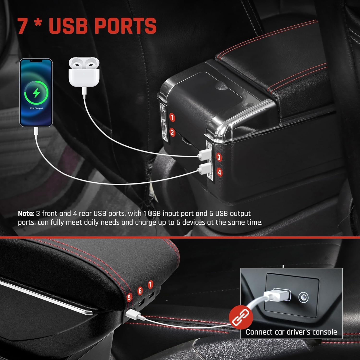 Podłokietniki samochodowe do Seat Ibiza 6J, 6 l, konsola środkowa, podwójna przestrzeń do przechowywania z uchwytem na napoje, 7 portów USB, tylne pudełko narzędziowe, łatwy montaż (czerwona