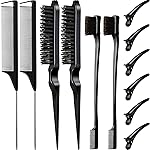 Remerry Hair Brush Set, 12 Pieces Nylon Brushes Including 3 Row Salon Teasing Brushes, Double Sided Edge Brush, Rat Tail Combs, Duckbill Clips for Women Girls - Black