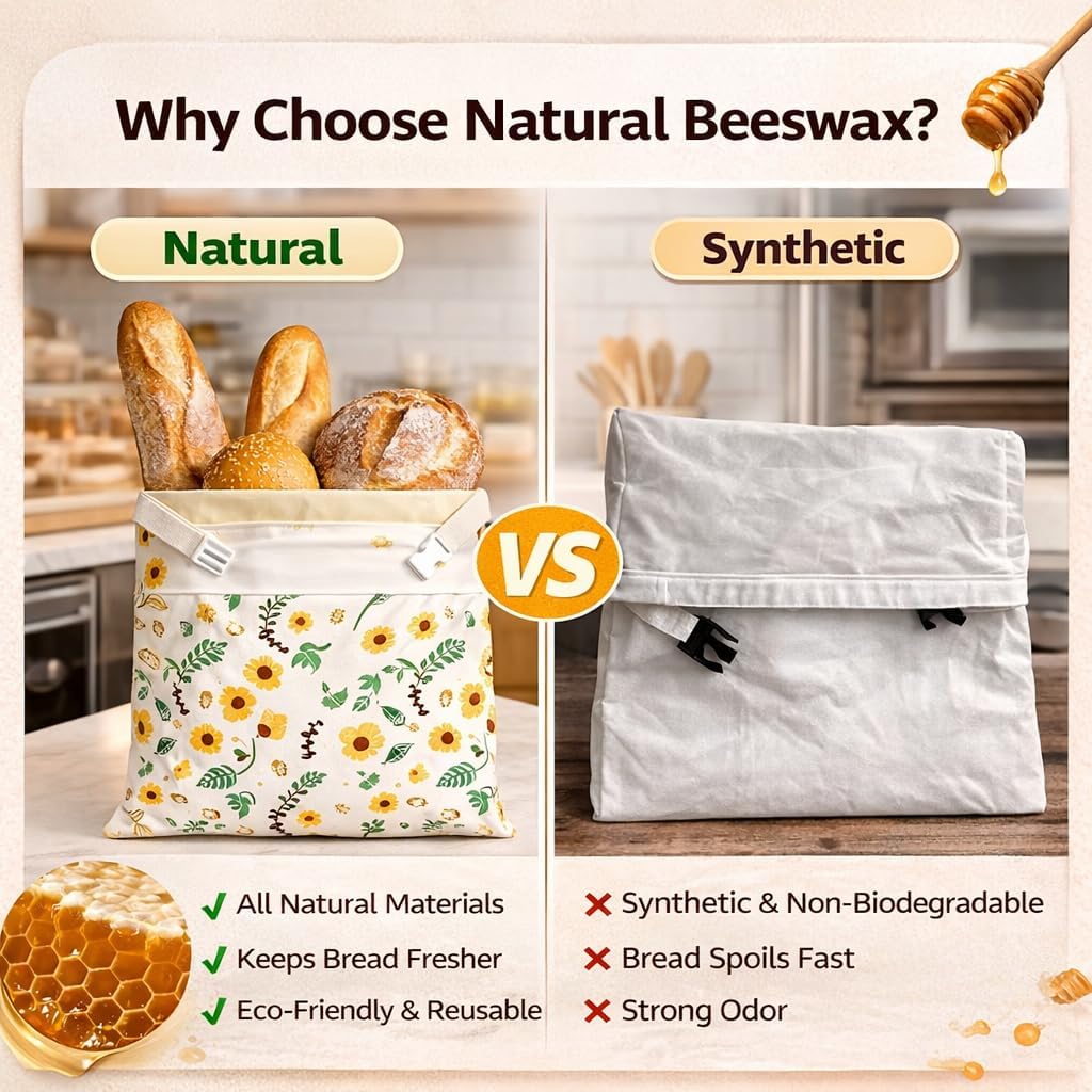 Beeswax Bread Bags, XL Reusable Cotton Storage Bags with Zipper for Homemade Sourdough Bread, Vegetables, Fruits, 2 Pack
