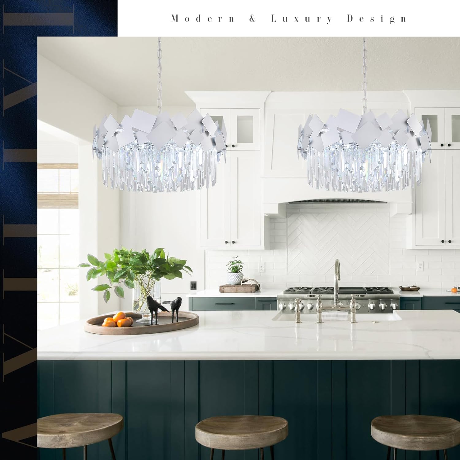 Modern Crystal Chandeliers 24" Silver Round Chandelier Luxury 9 Light K9 Crystal Drum Chandeliers Kitchen Light Fixture Adjustable Flush Mount Chandelier for Living Room Dining Room Foyer Bedroom