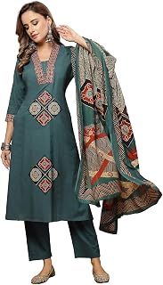 Stylum Women's Teal Solid Cotton A-Line Kurta Pant Dupatta Set Price In India