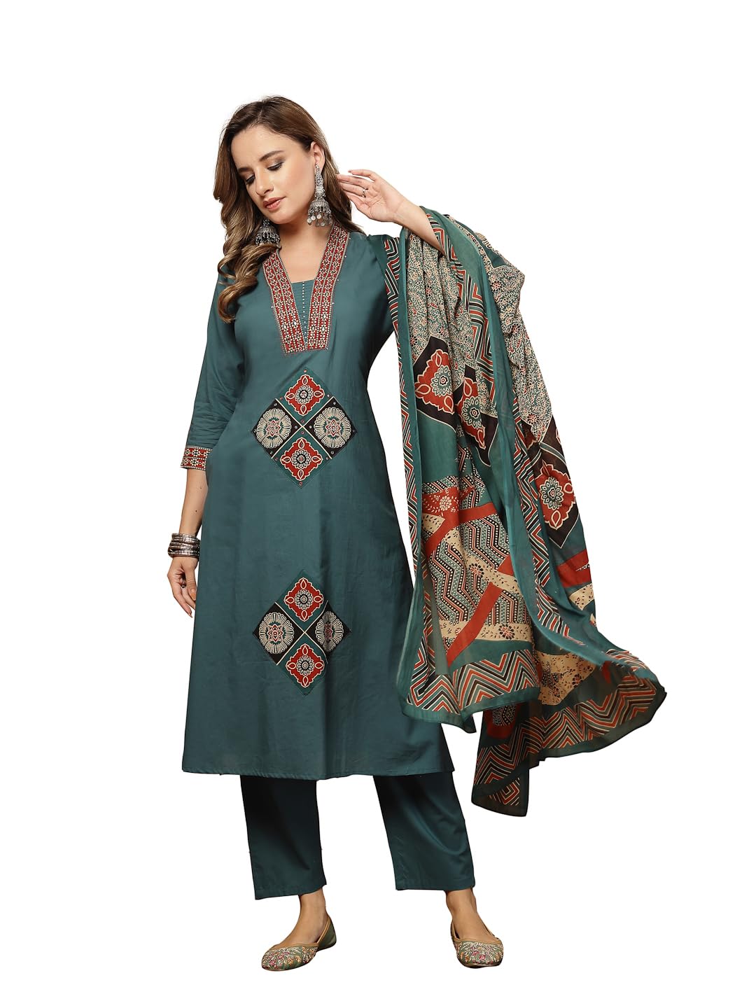stylum Women's Teal Solid Cotton A-Line Kurta Pant Dupatta Set-picture-13
