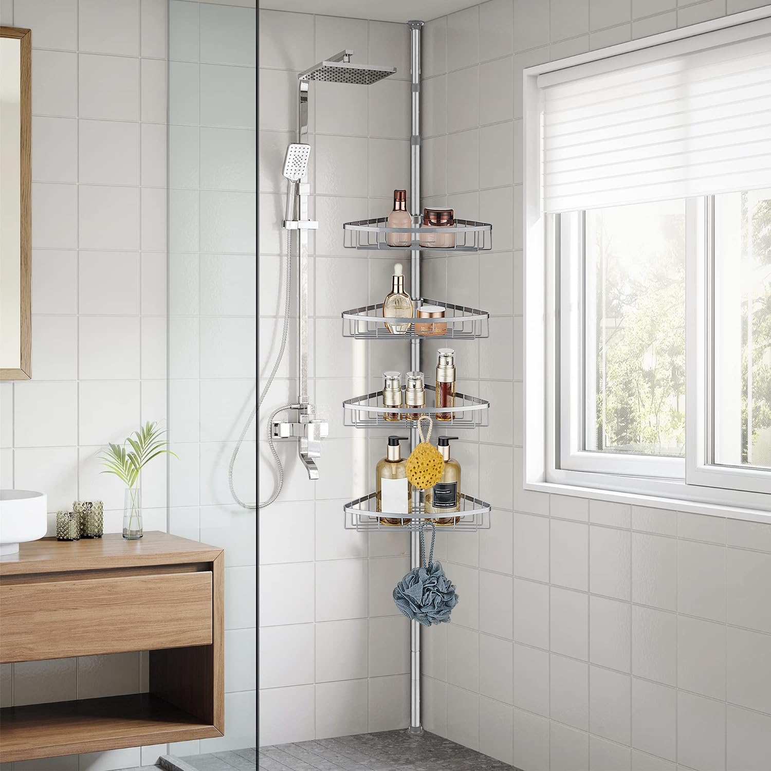 DUFU Teleskop Duschregal Eckregal Höhenverstellbar 73-302 cm Grau