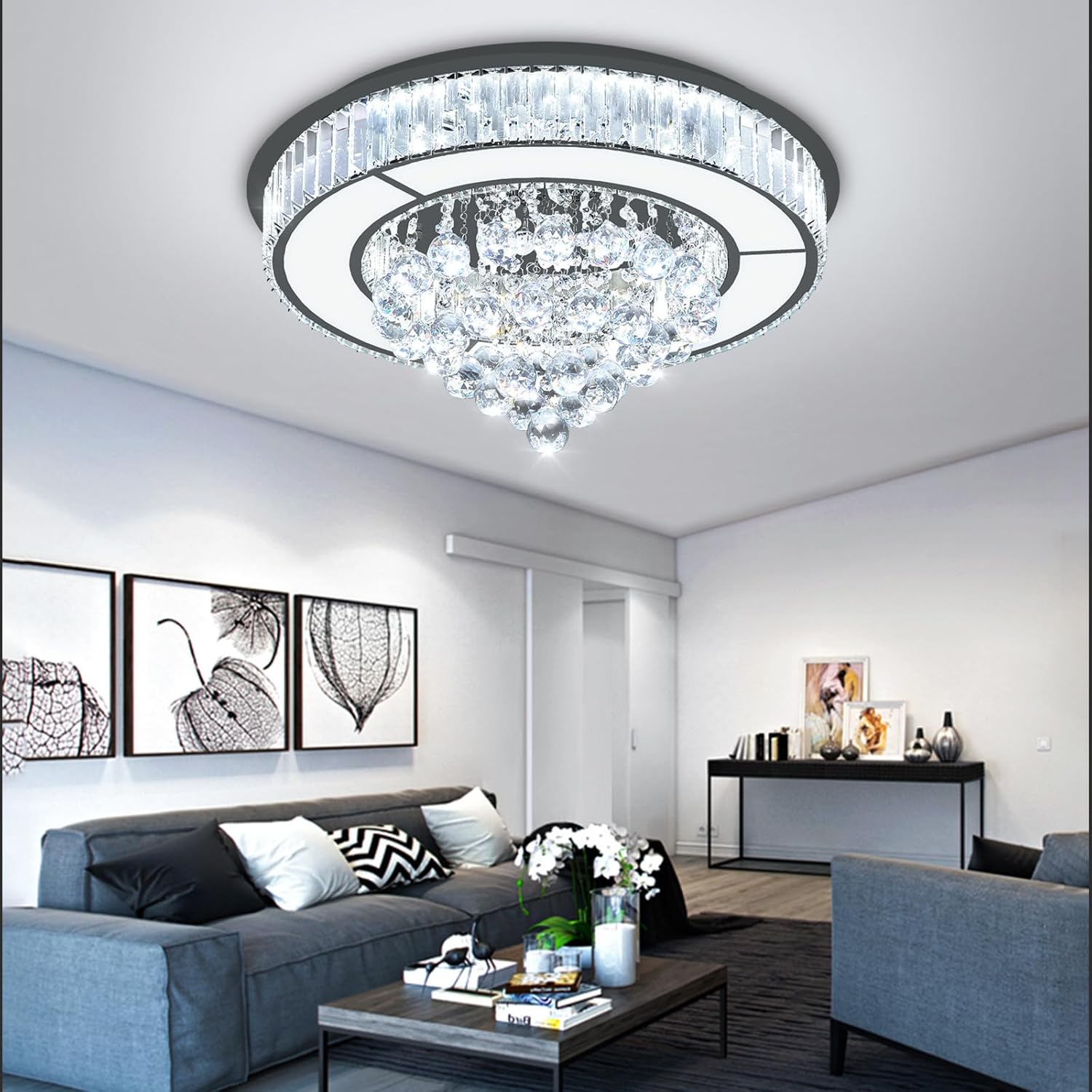 24" Modern Crystal Chandeliers for Dining Room LED Dimmable Flush Mount Light Fixtures Living Room Bedrooms Black