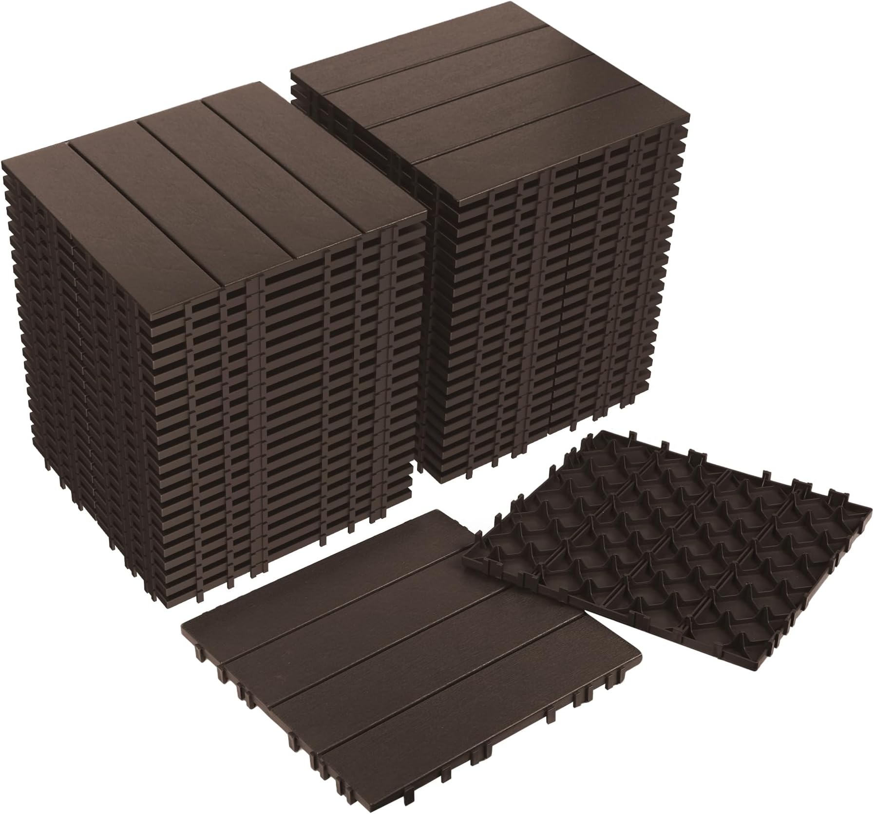 44PCS Plastic Interlocking Decking Tiles 12" x 12", 44 sq. ft Waterproof Outdoor Flooring All-Weather, Patio Floor Decking Tile for Garden Porch Poolside Balcony Backyard, Coffee Brown