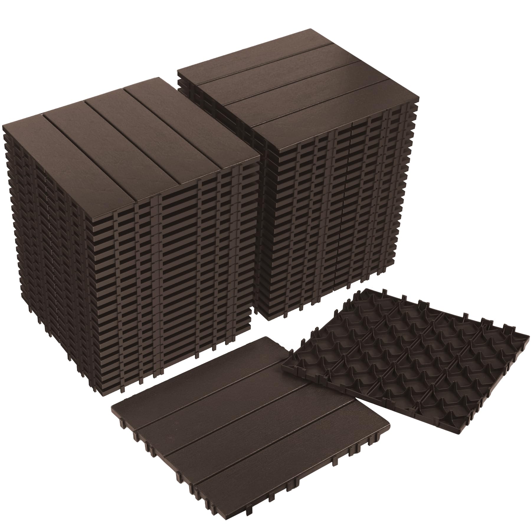 44PCS Plastic Interlocking Decking Tiles 12" x 12", 44 sq. ft Waterproof Outdoor Flooring All-Weather, Patio Floor Decking Tile for Garden Porch Poolside Balcony Backyard, Coffee Brown