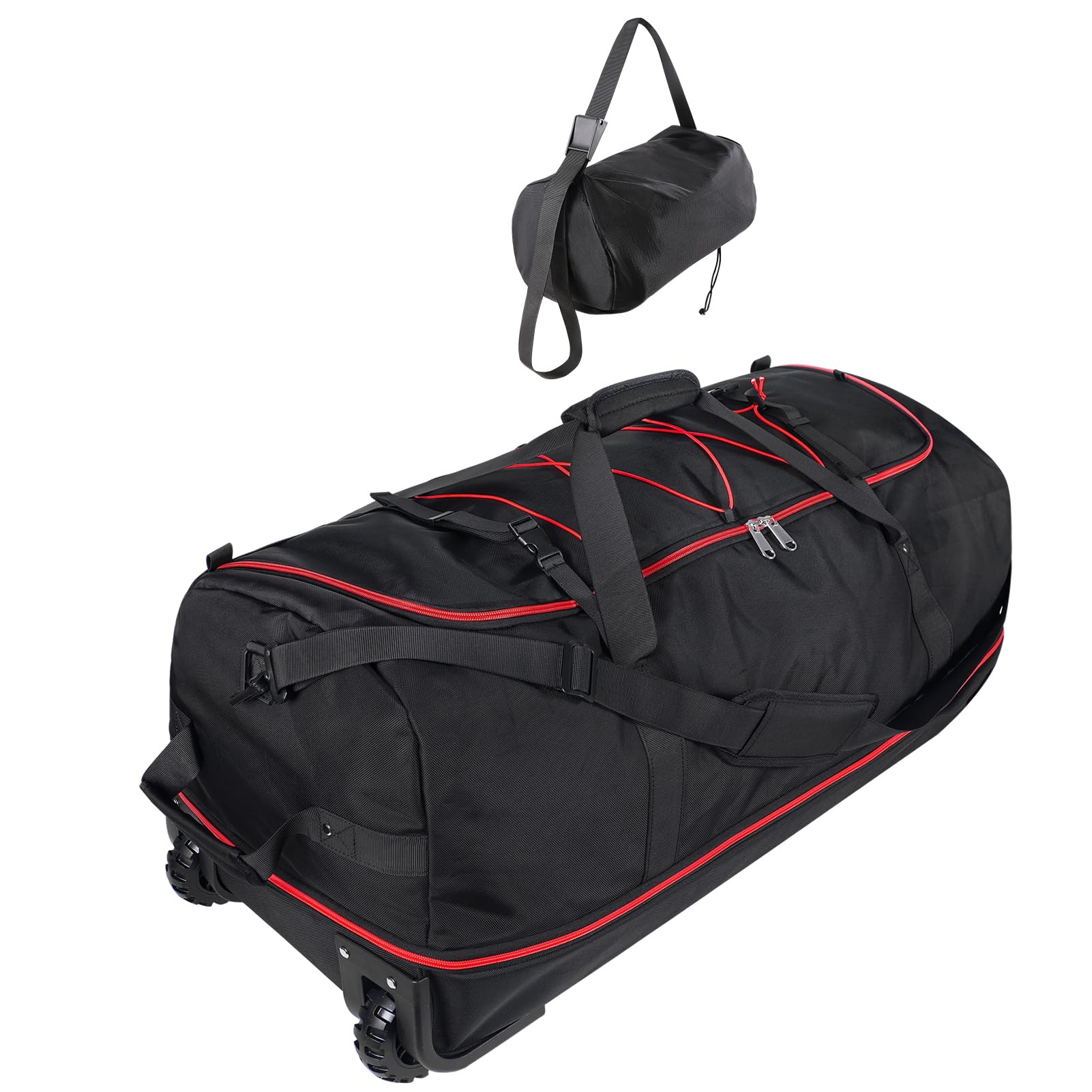Morthanabag 32” 1680D Oxford Foldable Duffle Bag with 2 Wheels,110L to 140L Expandable Soft Sided Rolling Travel Bag,Black-red