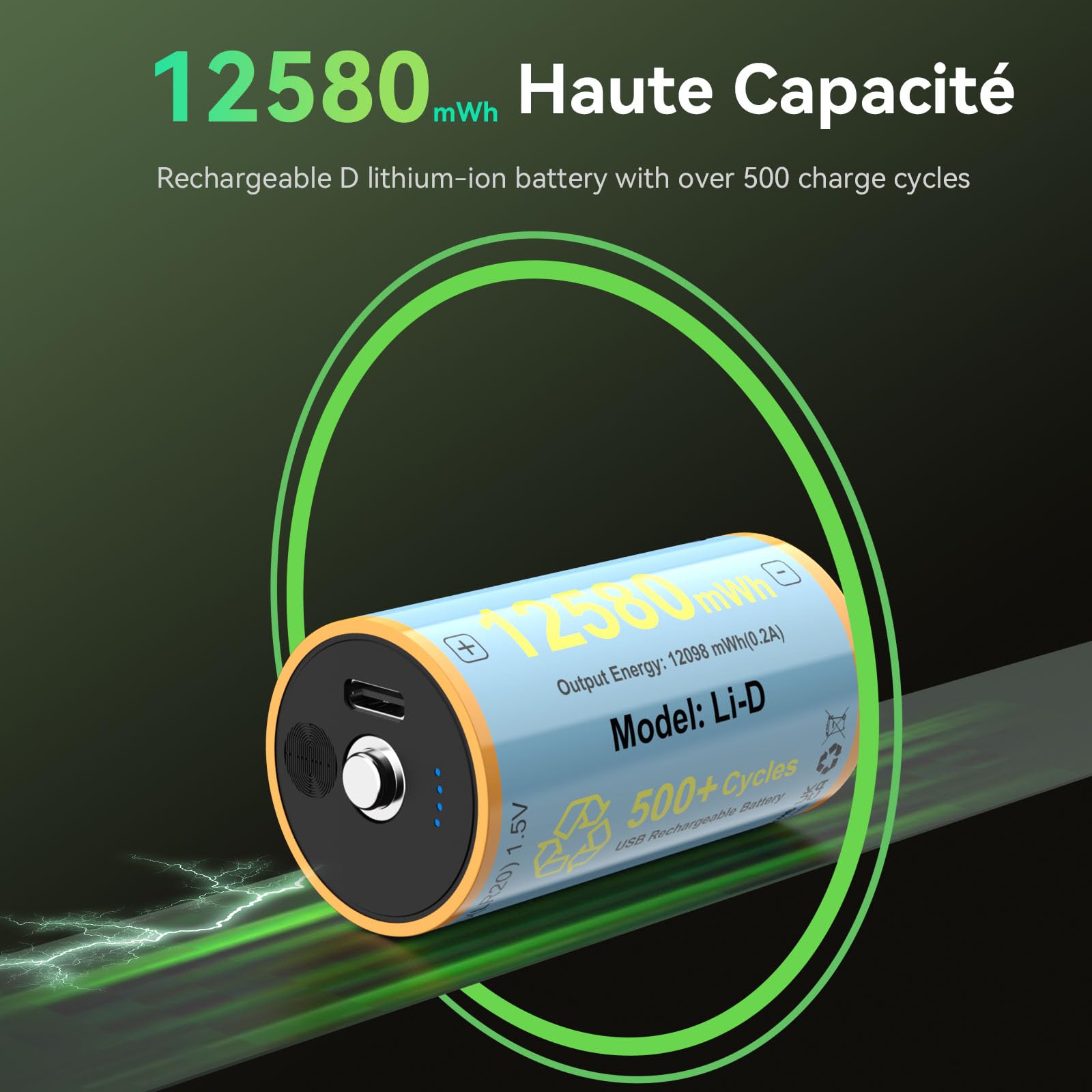 Pack de 4 Pilas Recargables Tipo D LR20 Li-Ion 1,5V 12580 mWh, Carga USB-C Directa 5V/1A, Cable 4 en 1, Pantalla Táctil Nivel Carga, para Linternas, Radios, Camping y Luces Emergencia