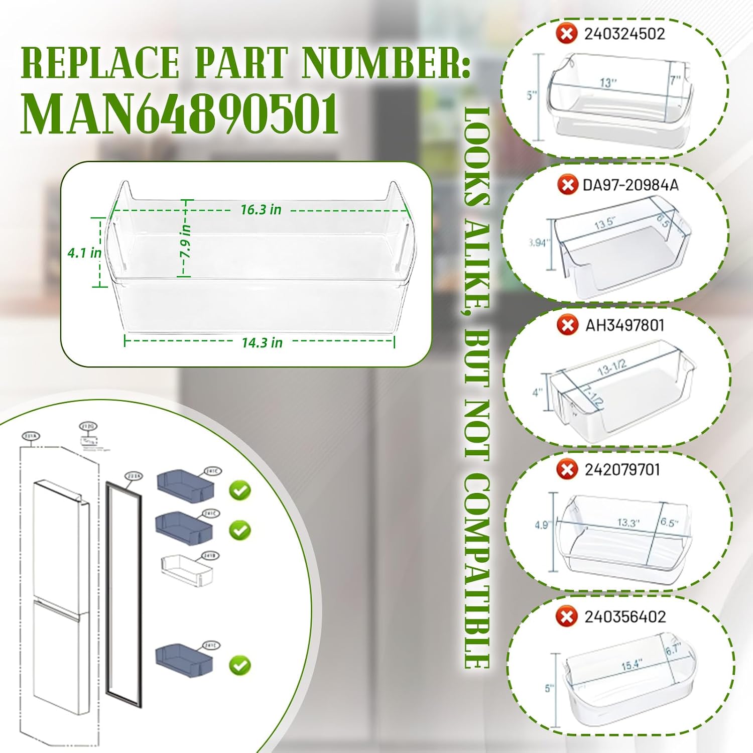 Upgraded MAN64890501 Refrigerator Door Shelf Bin (Basket) Fit For LG Refrigerator Right Side Door,Replaceable Models:LRSOS2706S,LRSXS2706S,LRSXS2706V,LRSXS2706W etc