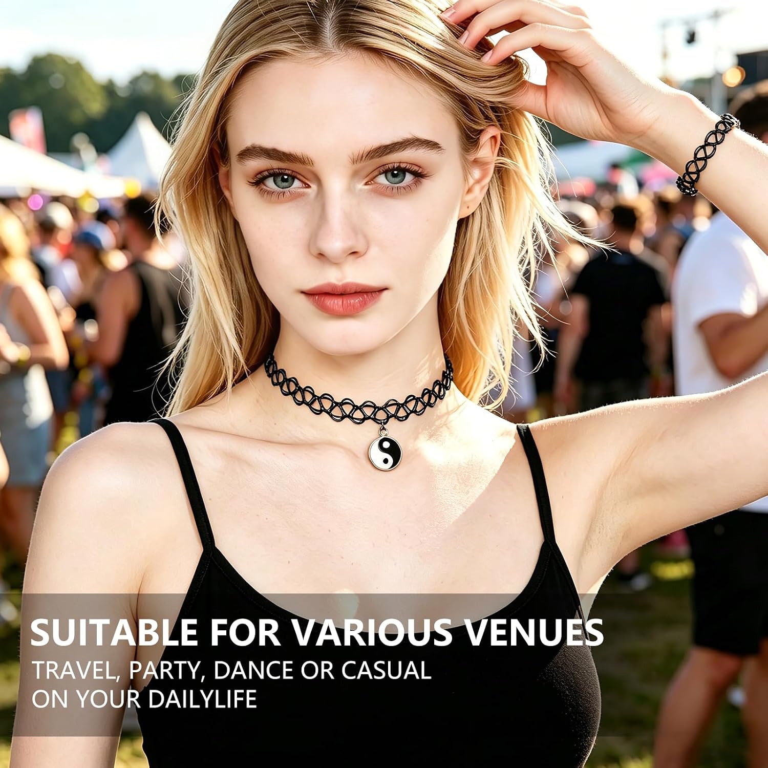 90s Tattoo Choker Necklace, Bracelet & Ring Set for Women - Black Stretch Retro Grunge Y2K Alternative Gothic Emo Accessories