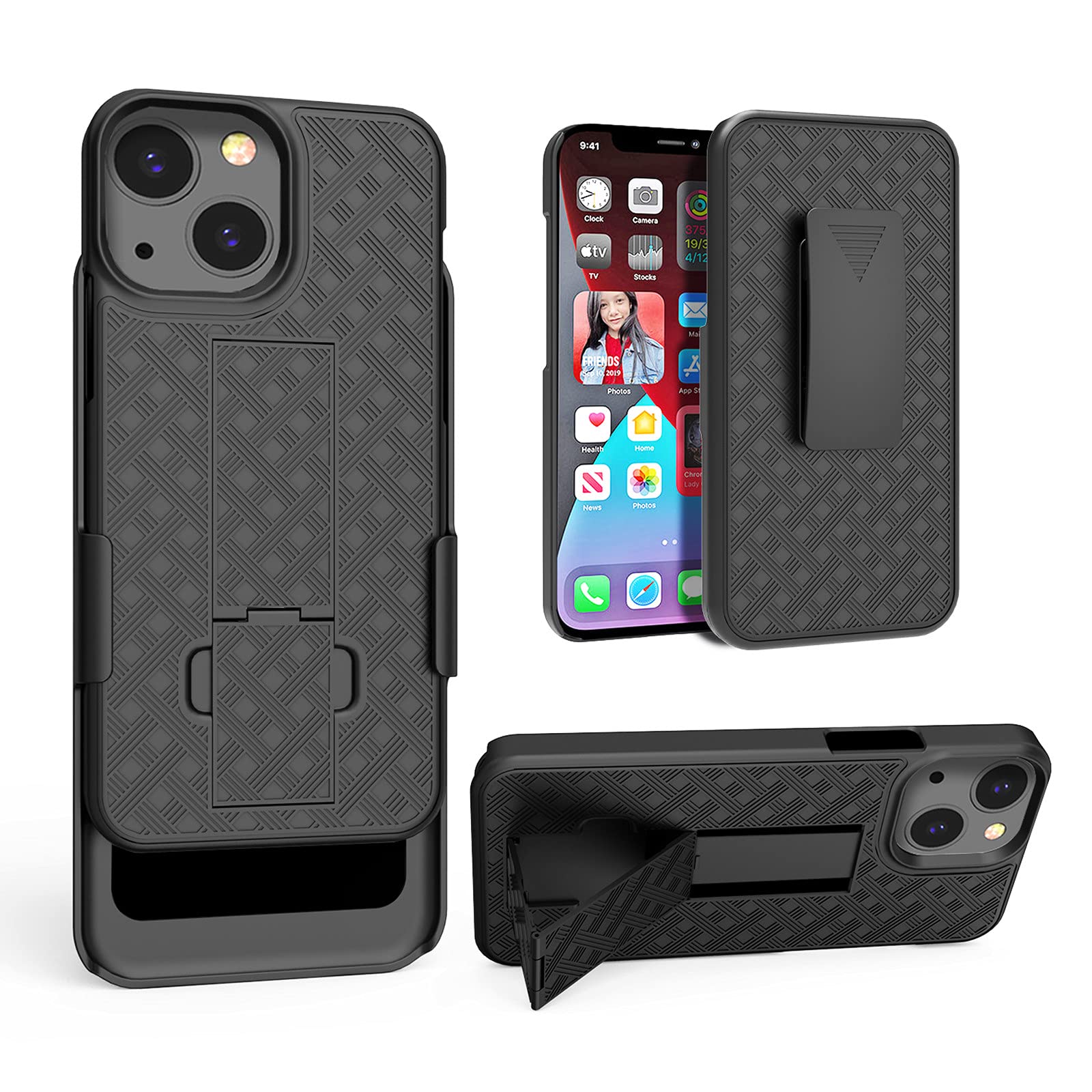 HIDAHE Holster Case Compatible with iPhone 13 Mini 5.4'', Combo Shell & Holster Slim Shell Case for Men with Built-in Kickstand + Swivel Belt Clip Holster for Apple iPhone 13 Mini 2021 ONLY, Black