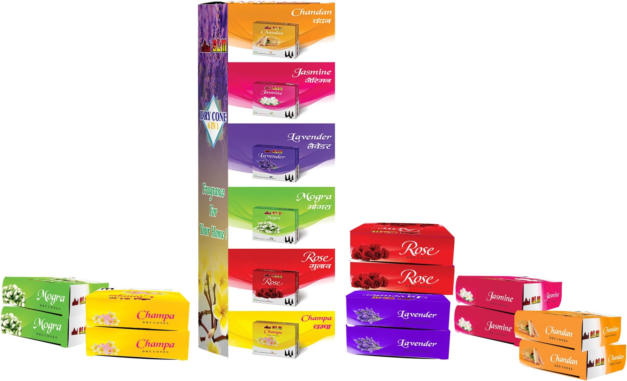 SLM Dry Cones (Set of 12 Pcs) with Combo of 6 Different Fragrance - Rose, Chandan, MOGRA, Lavender,Champa & Jasmine