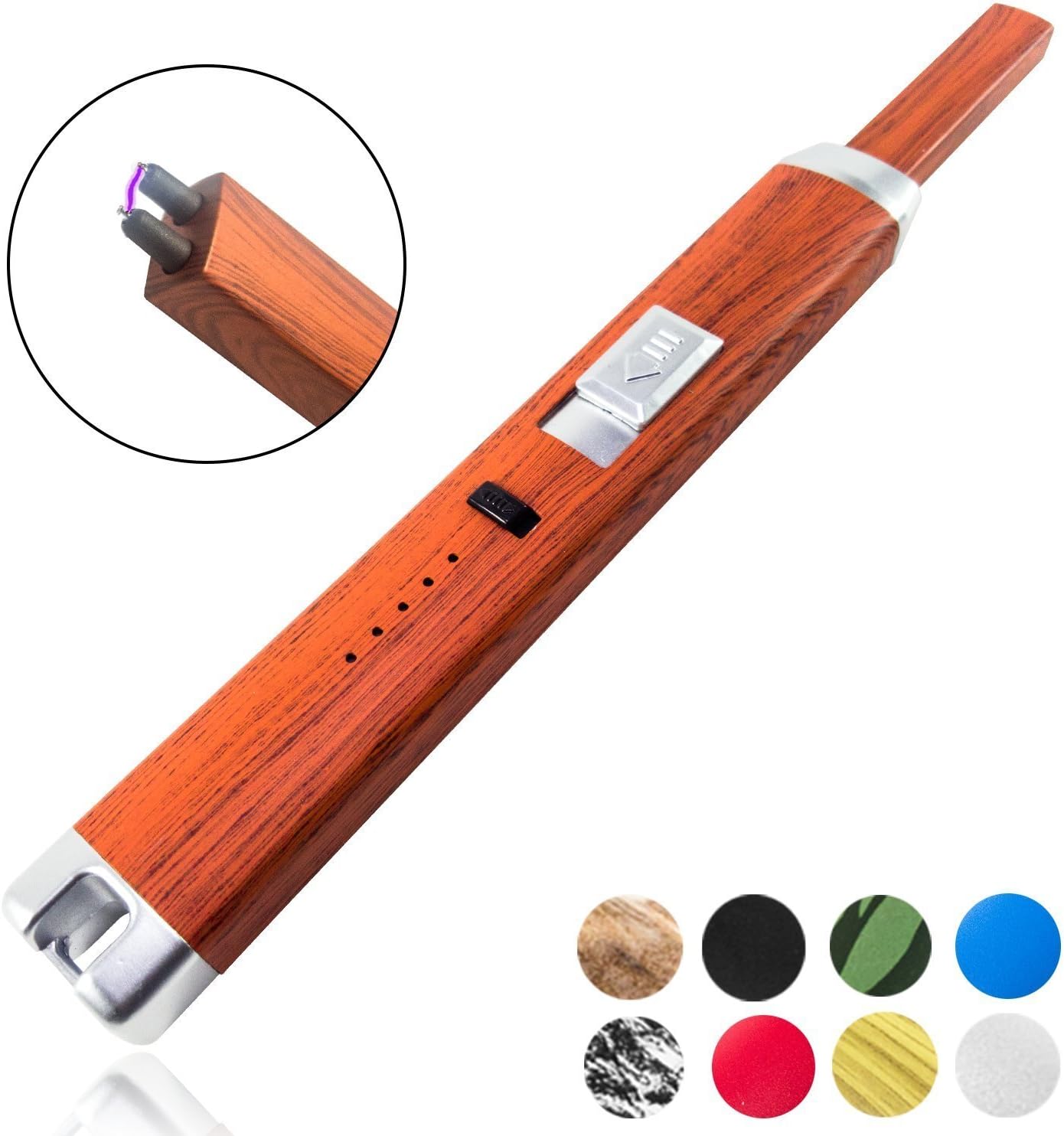 Electric Arc Lighter - 9 Colors - Multipurpose - Safety Lock - Long Neck - USB Rechargeable - Flameless - Windproof - No Butane - Candle - BBQ - Camping - Grill - Stove - Kitchen (Red Wood)