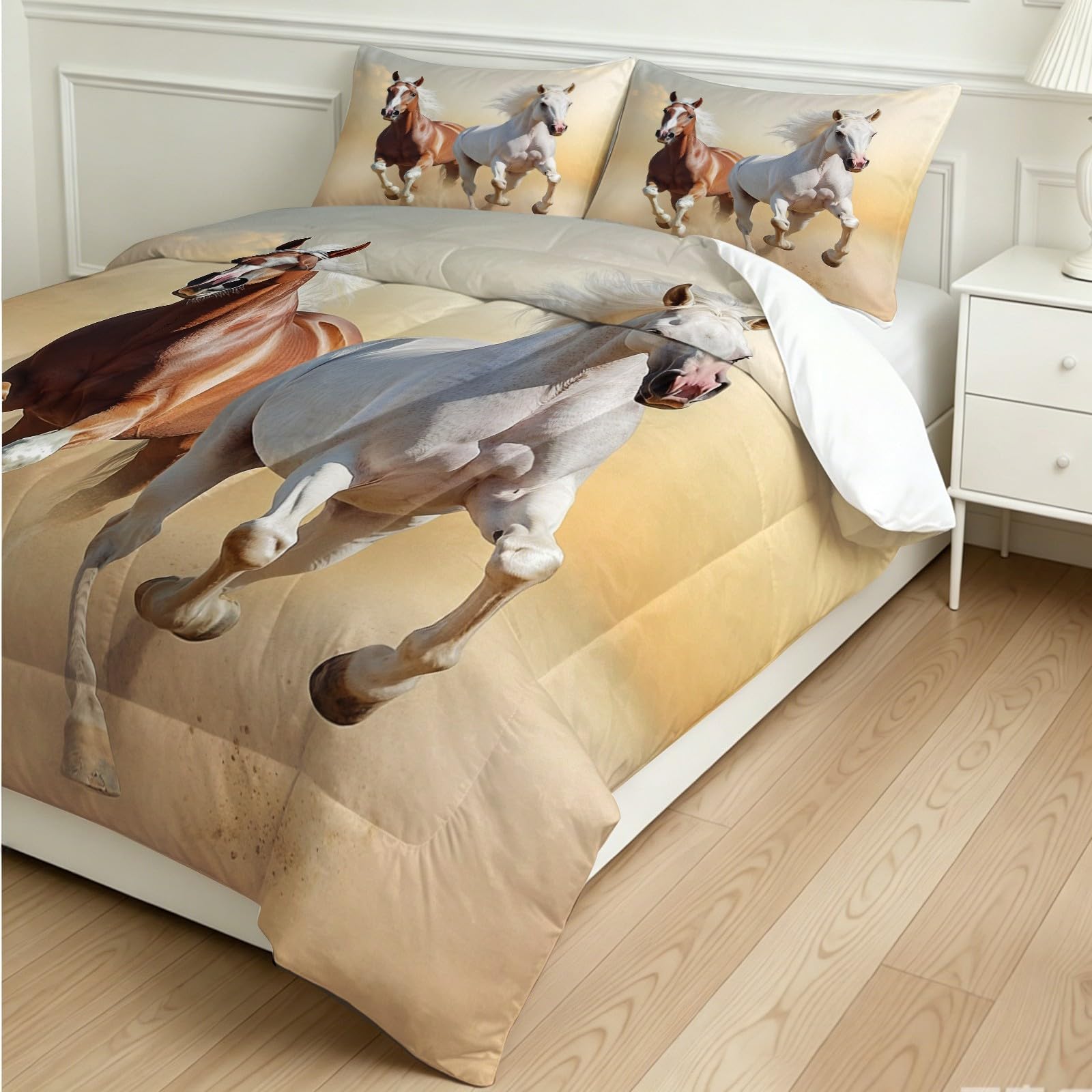 Edredón Matrimonio 4 Estaciones Corcel del Crepúsculo Estampado 200 x 200 cm Amarillo Claro Lavable, 2 Fundas de Almohada 50x75 cm