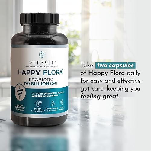 Miniatura 8 de VITASEI Happy Flora, Suplemento probiótico 170 mil millones de UFC para una salud intestinal saludable con enzimas para la digestión, probióticos