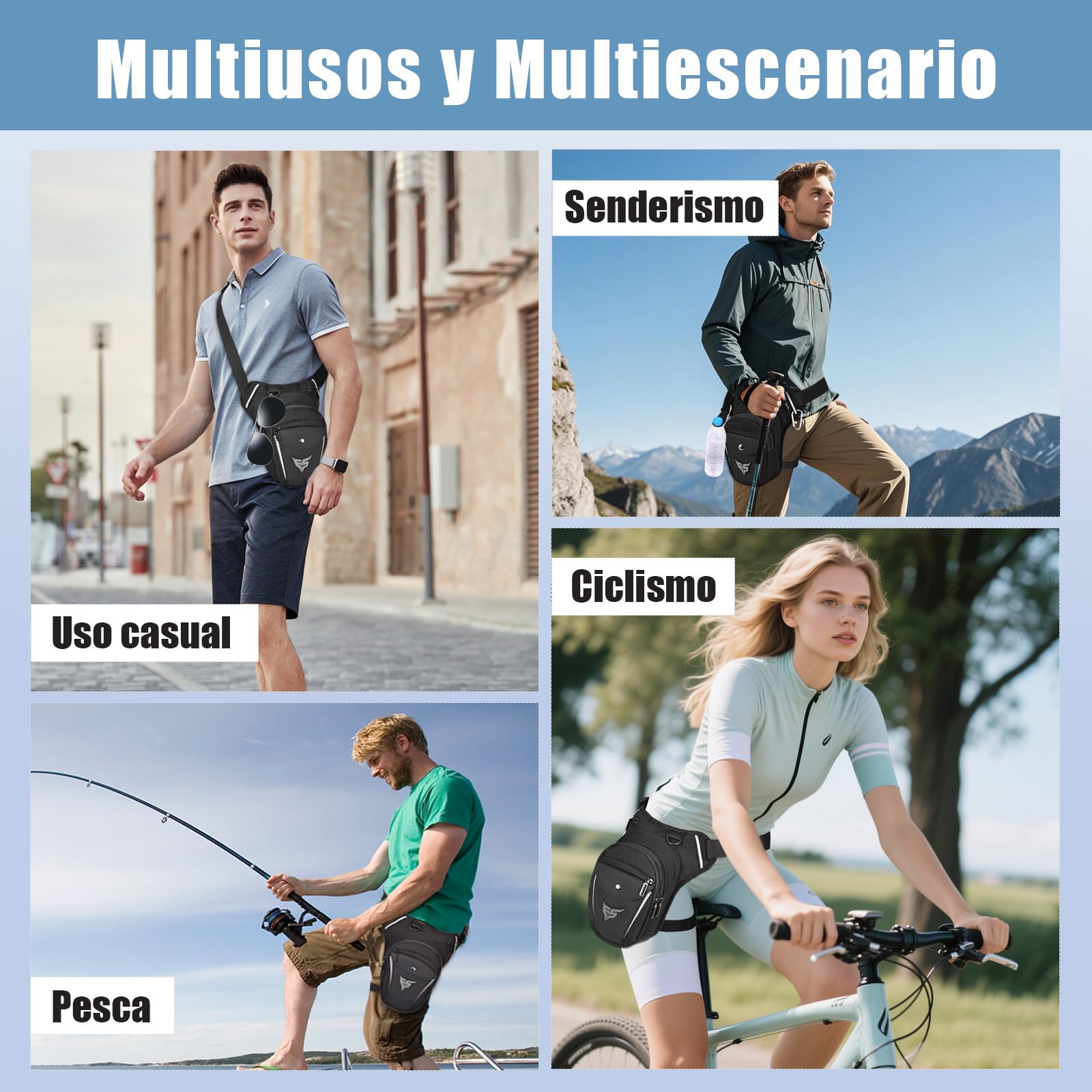 Eshow Pernera Moto Ampliable, Riñoneras con Portabotella y Tira Reflectante para Hombre y Mujer, Bolsa Pierna para Ciclismo Montañismo Viajes Senderismo Trabajo Camping Escalada Negro