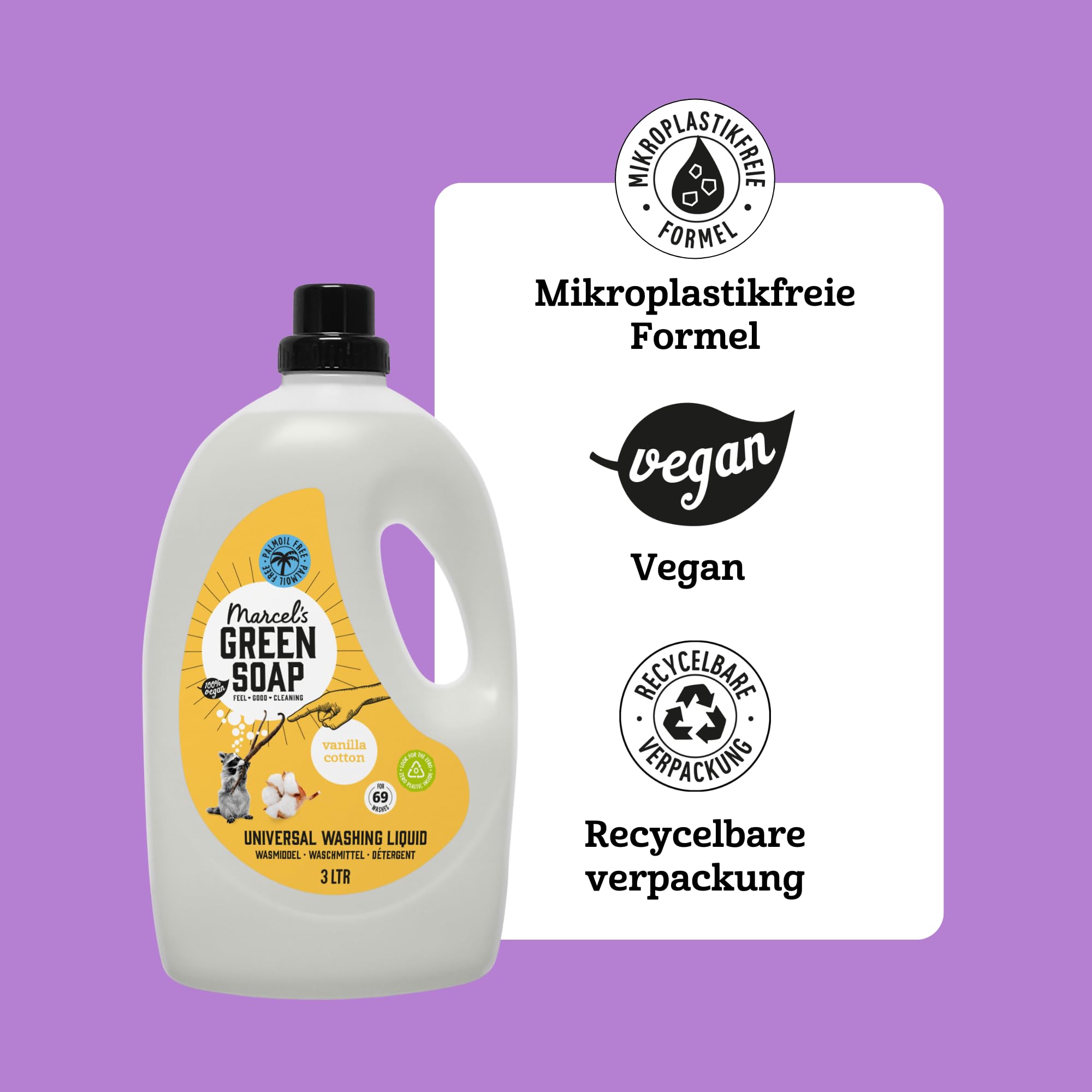 Marcel's Green Soap Universalwaschmittel Vanille & Baumwolle - Vorteilspack - Weiße und bunte Wäsche - Vegan - Mikroplastikfreie Formel - 100% recycelte Plastikflasche - 276 Waschgänge - 3L (4er Pack)