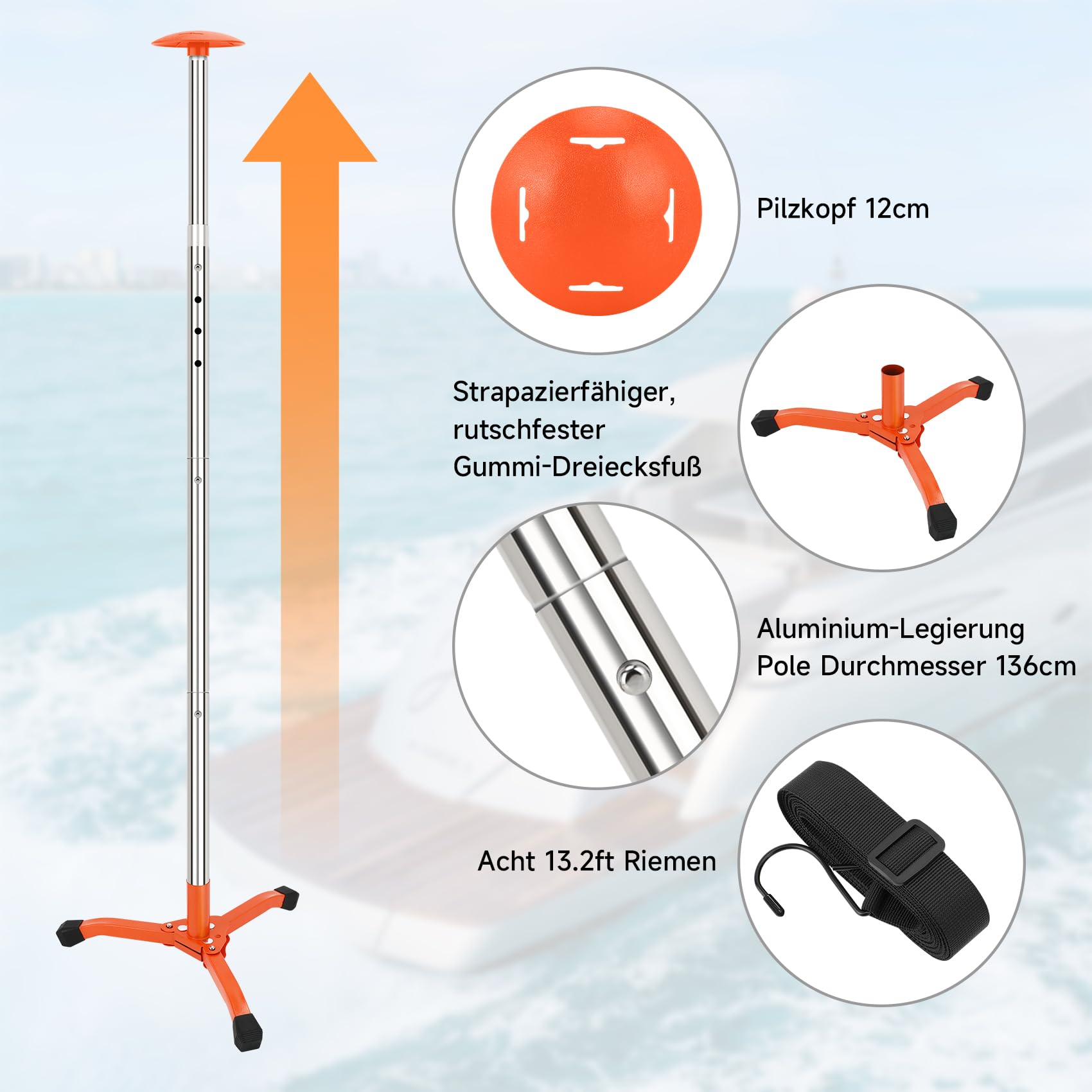 KOMCLUB Set 2 pali supporto copri barca telescopici in acciaio inox | Asta interamente in acciaio inox anti-corrosione marina, Kit completo con 8 cinghie resistenti dotate di ganci metallici