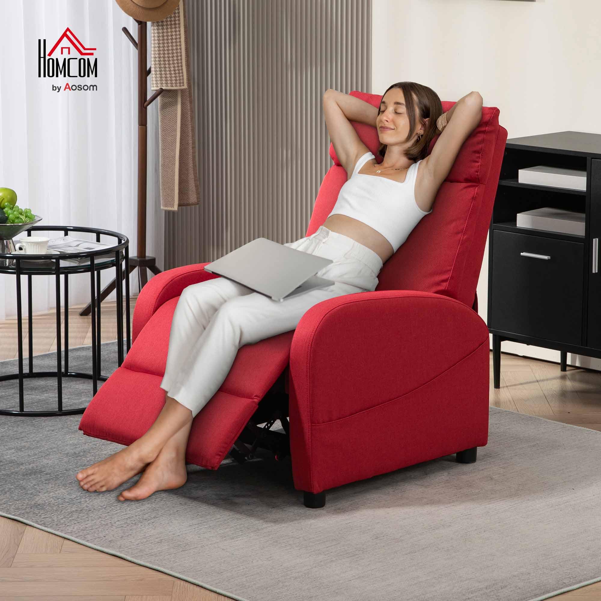 HOMCOM Poltrona Relax Reclinabile Manuale con Poggiapiedi, Poltrona Reclinabile in Tessuto Effetto Lino per Camera da Letto, Salotto e Soggiorno, Rosso