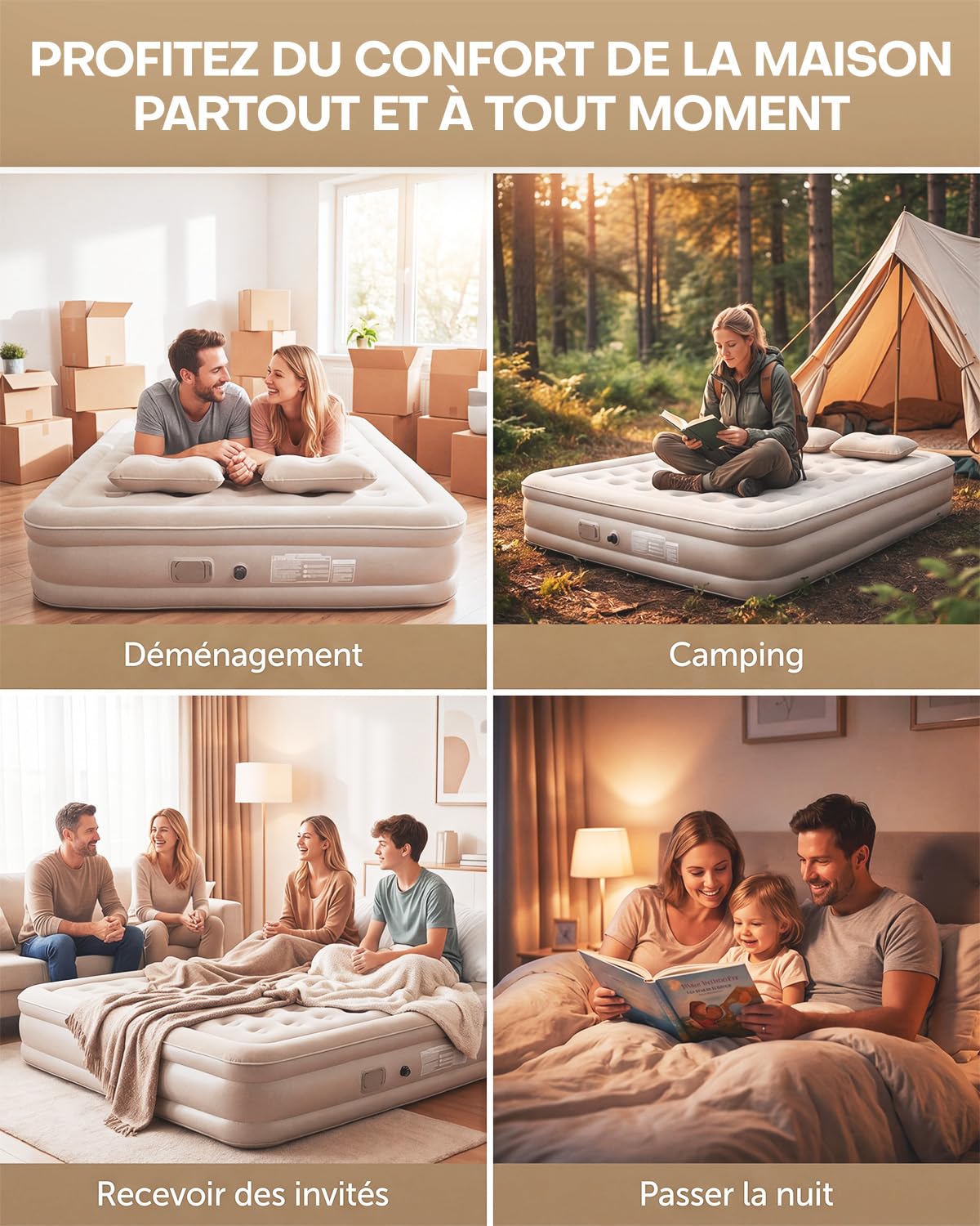 Matelas Gonflable 2 Personnes 203x152x40cm, 40 Chambres d’Air, Surface Floquée Douce, Charge Max 300 kg, Matelas Gonflable avec Sac de Transport et 2 Oreillers, Idéal Invités Maison Camping, Kaki