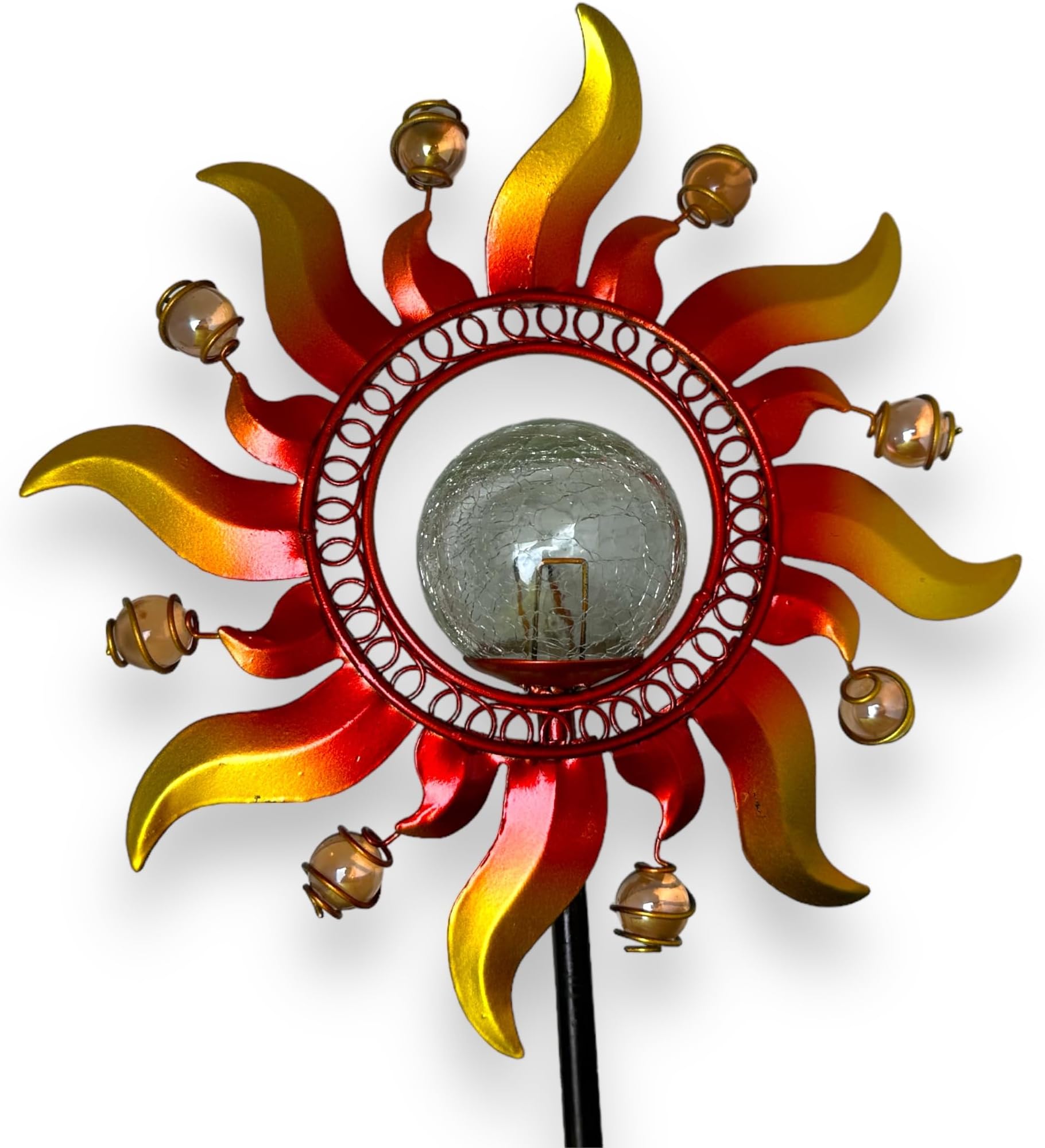 Unido Box Solar Powered Metal Sunray Garden Stake with White LED Light and Mosaic Glass Crackle Ball Auto On/Off Yard Art Sculpture
