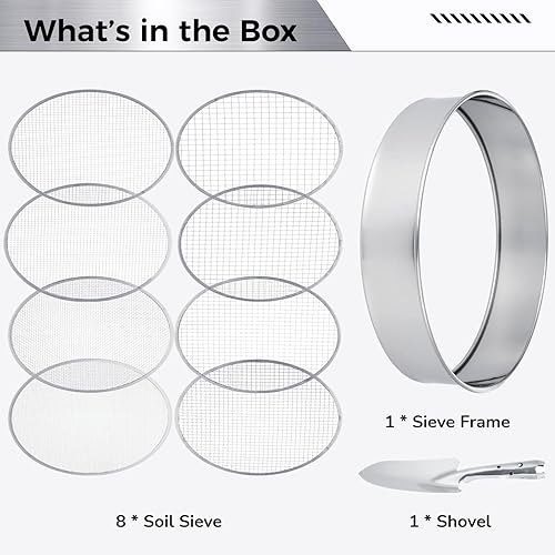Miniatura 4 de Juego de 10 tamices de tierra, tamiz de tierra para macetas de jardín, tamiz de acertijo de acero inoxidable de 12 pulgadas, tamiz de suelo de malla