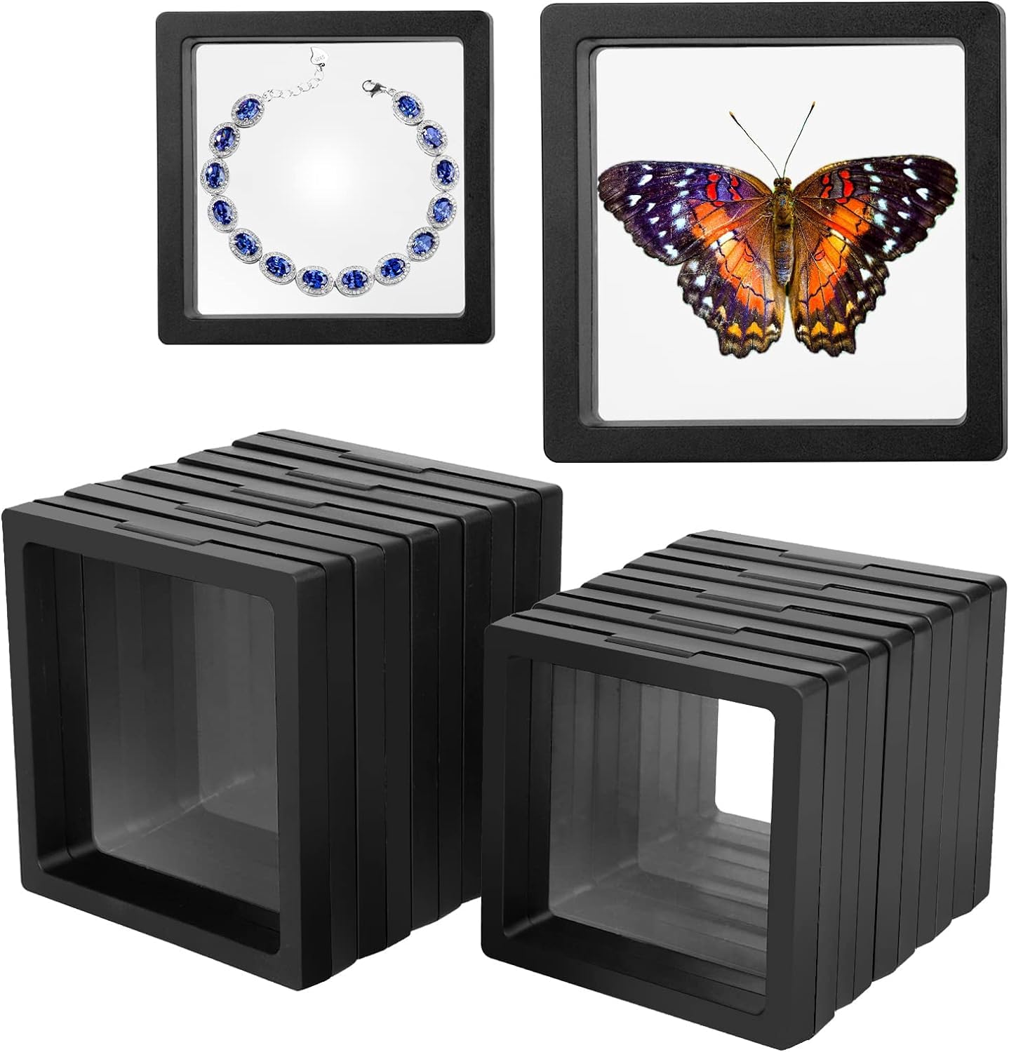 Floating Display Frame and Coin Case - Dustproof PE Film Transparent Jewelry Storage Box for Ring, Earring, Necklace, Bracelet (Black, Small 10 pc)