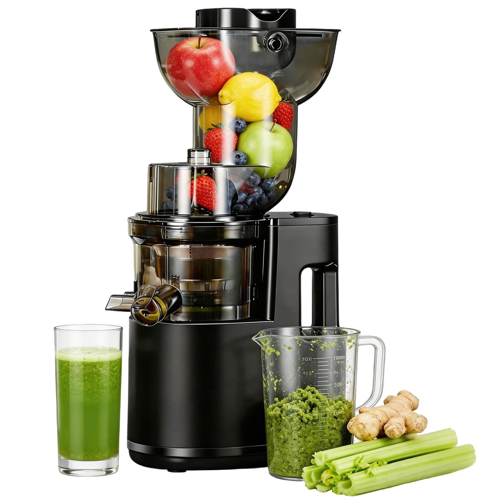 Extracteur de Jus, 500W Extracteur de Jus de Fruits et Légumes Entiers, Grande Ouverture de 170mm Slow Juicer, Sans BPA, 99% de Rendement, 2 Récipients, Facile à Nettoyer et à Installer