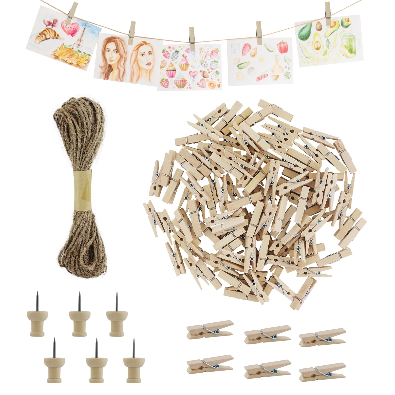 Easykeenecom Natural 150Pcs Mini Wooden Pegs, Photo String And Pegs, 3Cm Small Photo Pegs,Small Pegs For Hanging Photos,Wooden Pegs Craft With 10M Jute String For Photo Wall Display,Craft,Weddings & Party